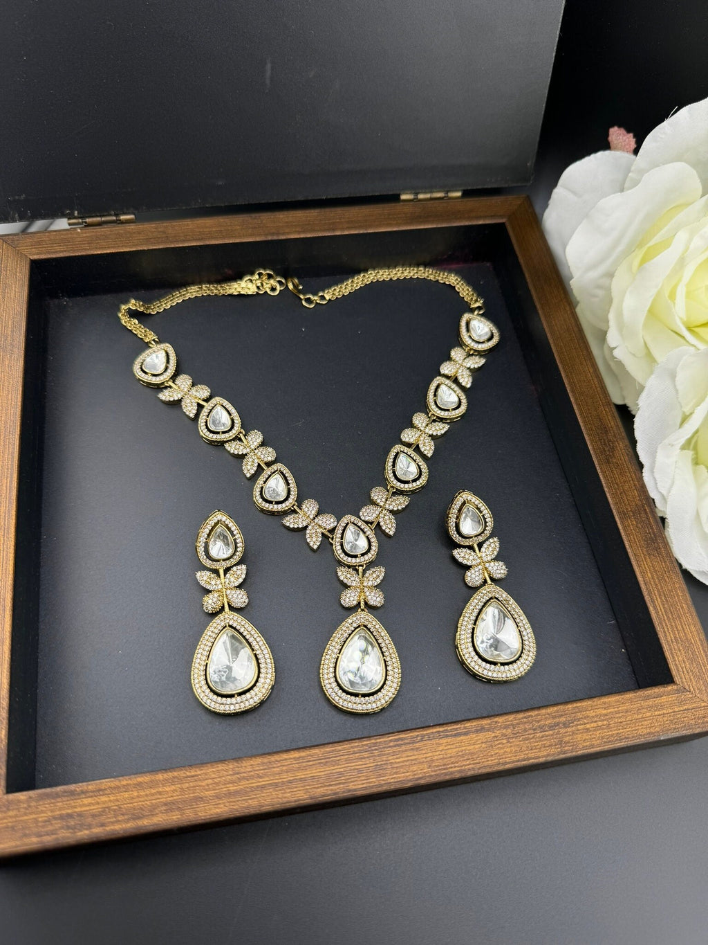 Premium Victorian Long Necklace set with long earrings with Moissanite Kundan and Cubic Zirconia