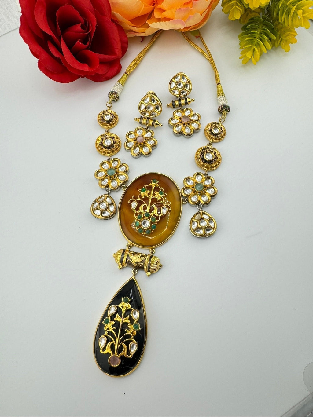 Amrapali Inspired Premium Necklace set, fusion Inlay work with Moissanite Kundan and natural stones