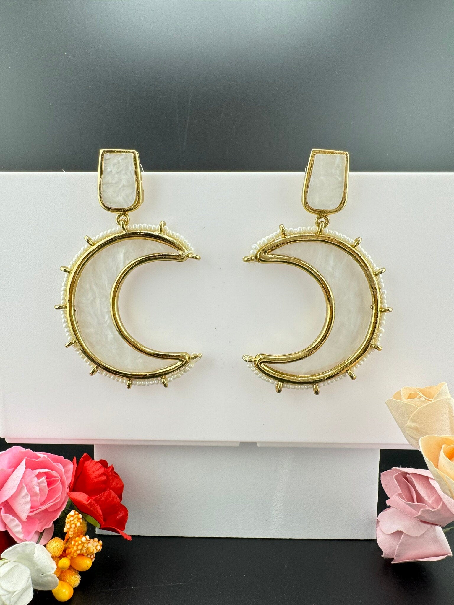 Mother of Pearl and Gold Crescent Moon earrings