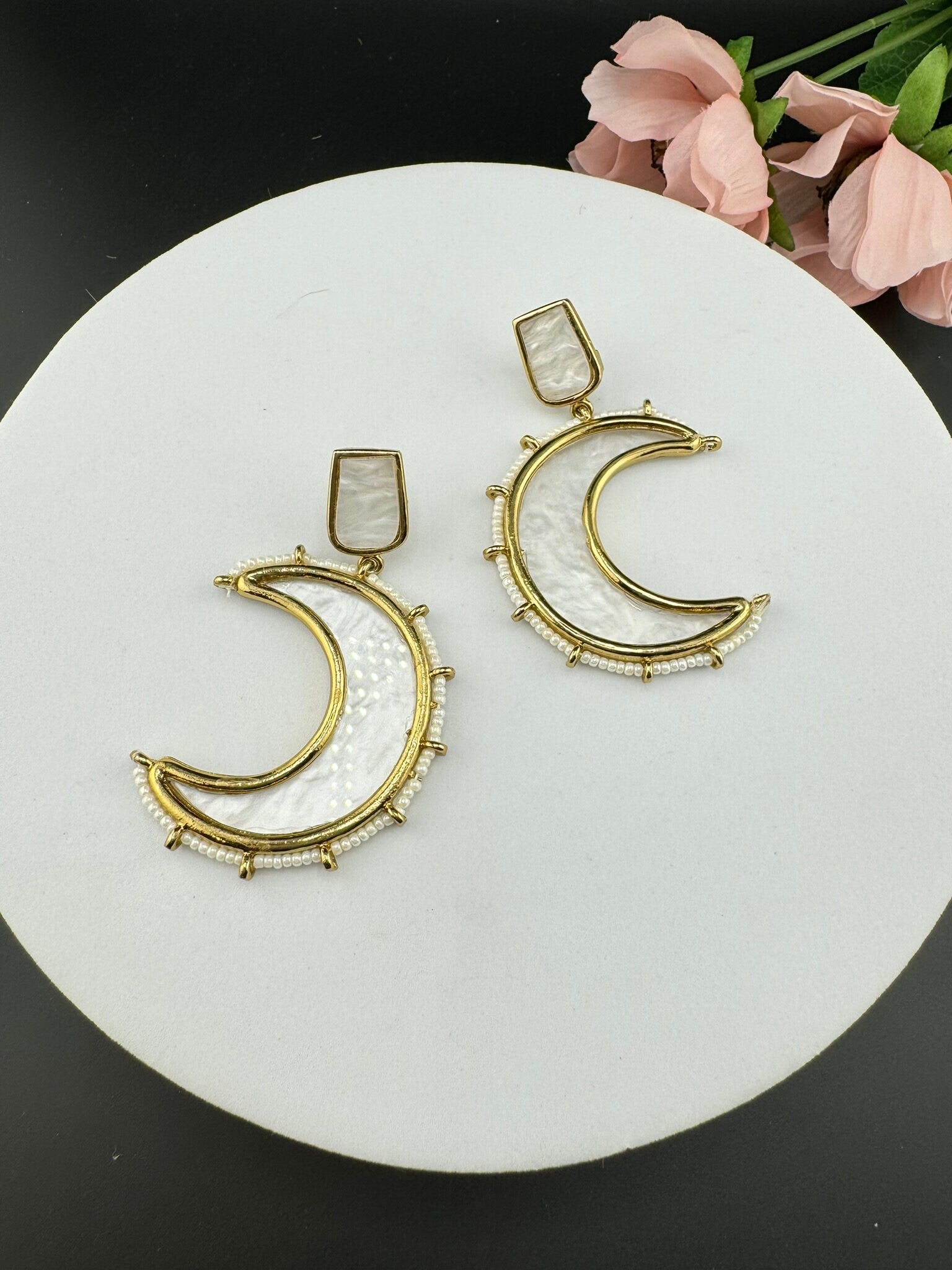 Mother of Pearl and Gold Crescent Moon earrings