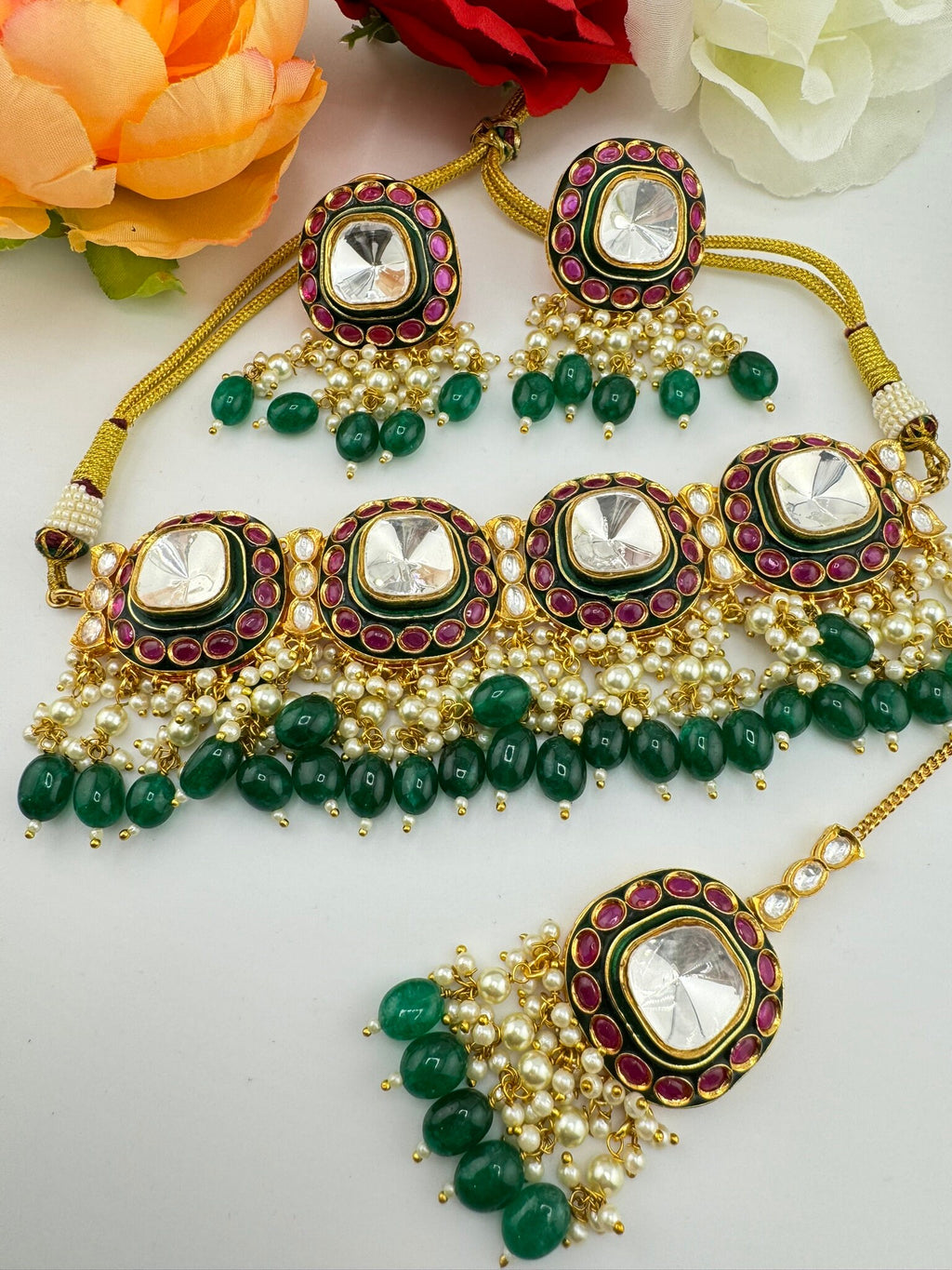 Premium Quality Amrapali fusion Pachi kundan choker Necklace set with earrings and Tika/Moissanite Kundan, natural stones in matt gold/jadau