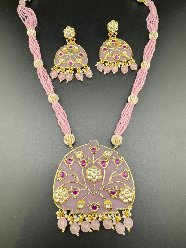 STUNNING!!! Premium Quality Amrapali fusion Inlay work on natural stone Rani Haar/long Necklace set in Moissanite pachi Kundan with earrings
