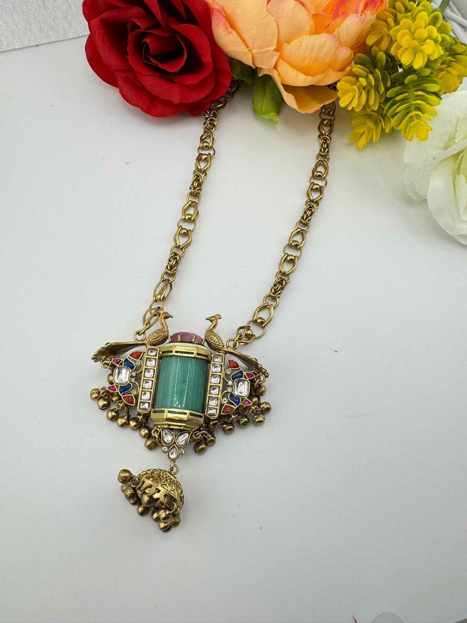 UNIQUE!!! Premium Quality with Pota Stone, Moissanite Kundan is Amrapali inspired Designer Long Necklace, NO EARRINGS/3D matt gold Ghungroo