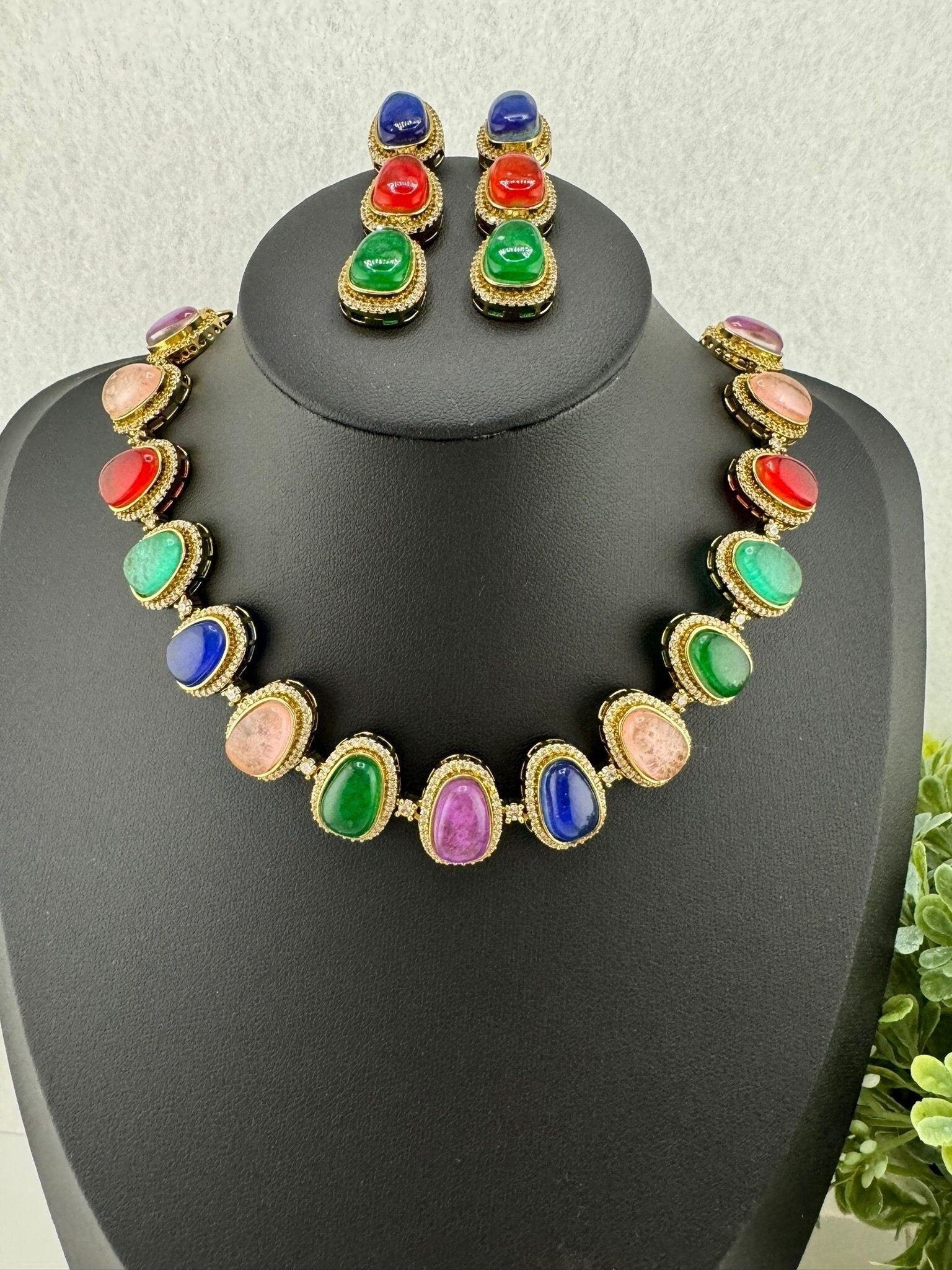 HQ Premium Quality American Diamond CZ, Mutlicolor doublets and monalisa stone Necklace set with long earrings/necklace set/Bridesmaids gift