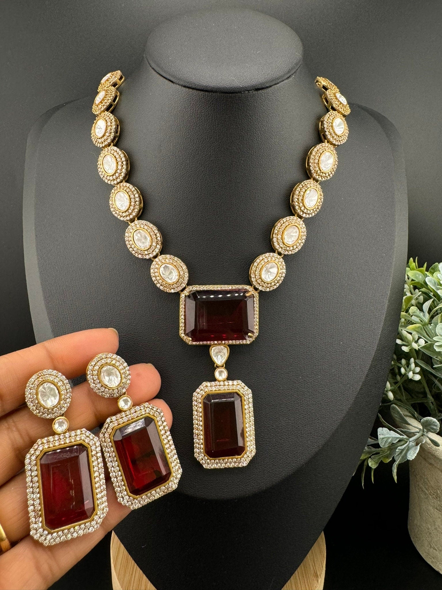 Premium Qlty Uncut moissanite Kundan, Big Maroon/Dark Red glass stone Necklace with earrings/Indian jewelry/silver foil back/Premium Kundan