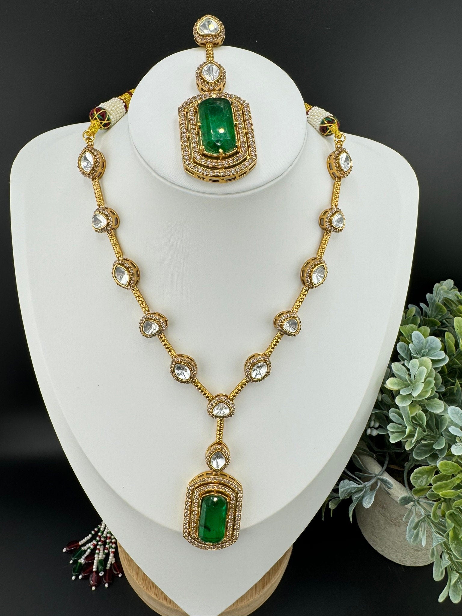 Premium Qlty Uncut moissanite Kundan, CZ, Big Green Doublet stone Necklace set with earrings/Indian jewelry/silver foil back/Premium Kundan