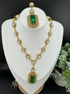 Premium Qlty Uncut moissanite Kundan, CZ, Big Green Doublet stone Necklace set with earrings/Indian jewelry/silver foil back/Premium Kundan