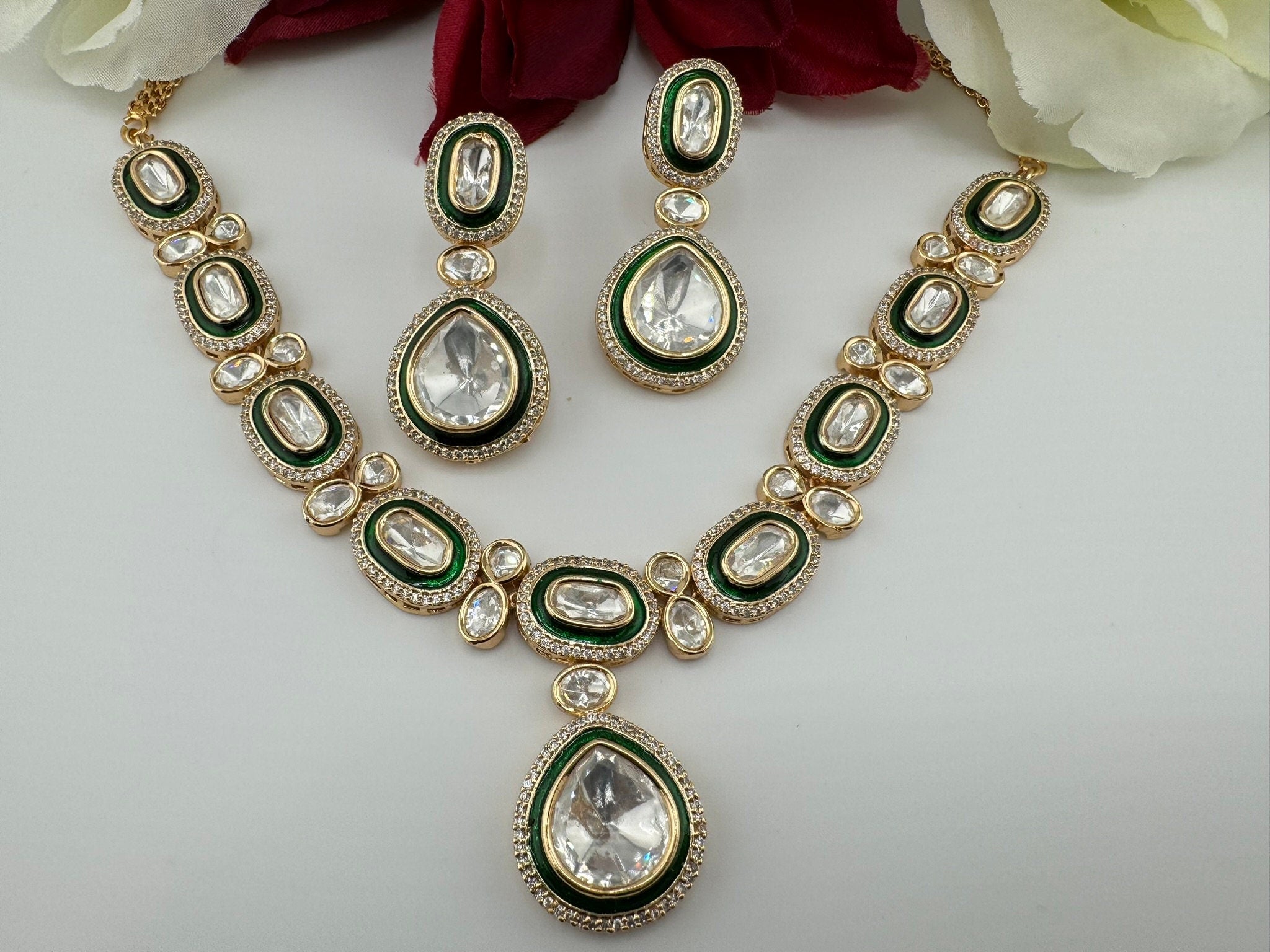 Polki Premium Quality Tyaani Kundan Green Italian Mina Necklace set with earrings/Indian necklace/bridal/Bridesmaids gift/High gloss Enamel