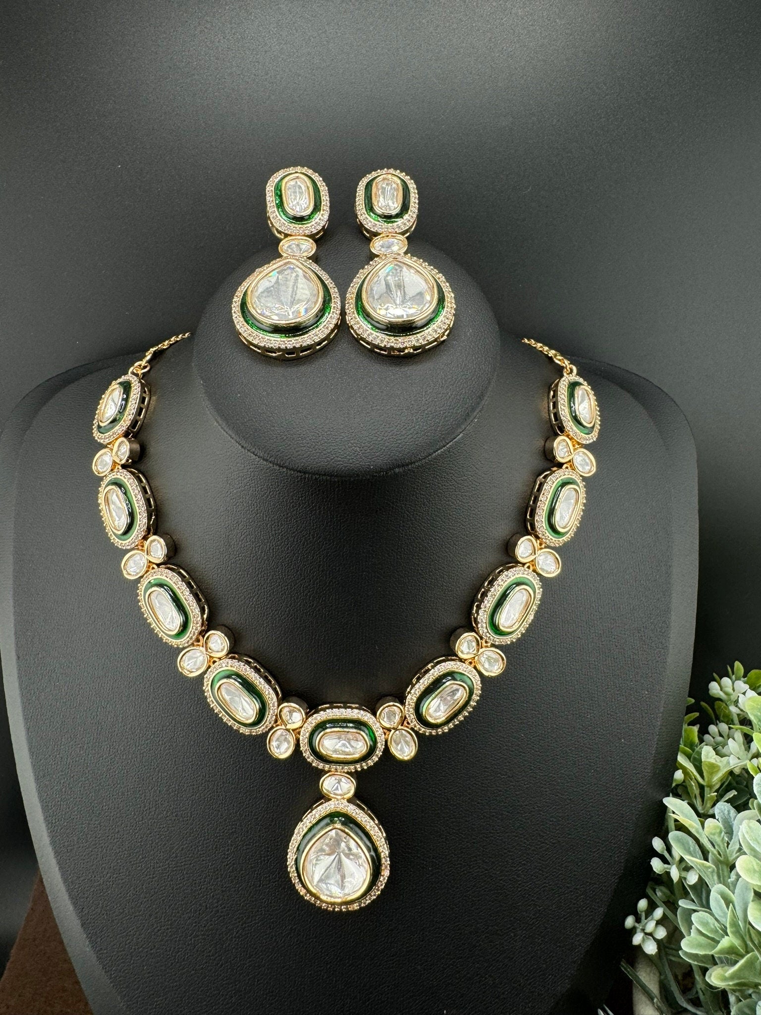 Polki Premium Quality Tyaani Kundan Green Italian Mina Necklace set with earrings/Indian necklace/bridal/Bridesmaids gift/High gloss Enamel