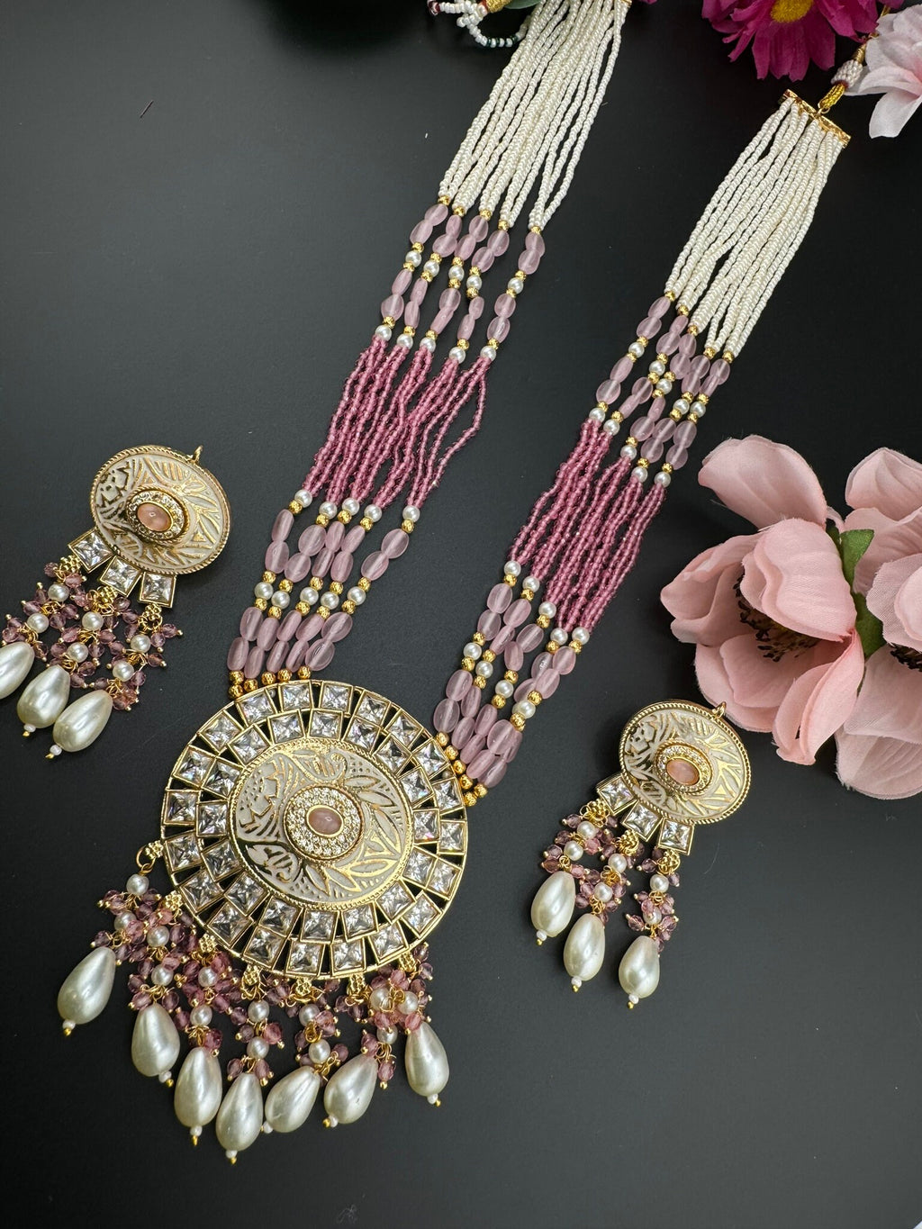 Premium Quality Pink High gloss Minakari Moissanite Kundan Pearls onyx beads Rani Haar/long Necklace set in Moissanite Kundan with earrings