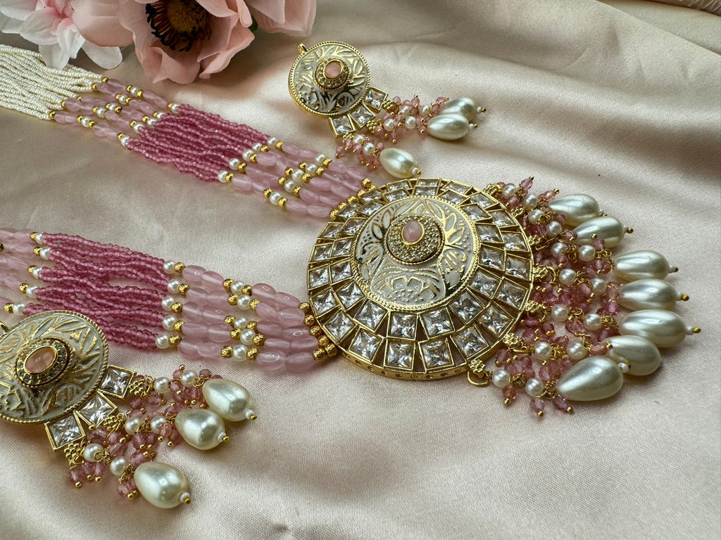 Premium Quality Pink High gloss Minakari Moissanite Kundan Pearls onyx beads Rani Haar/long Necklace set in Moissanite Kundan with earrings
