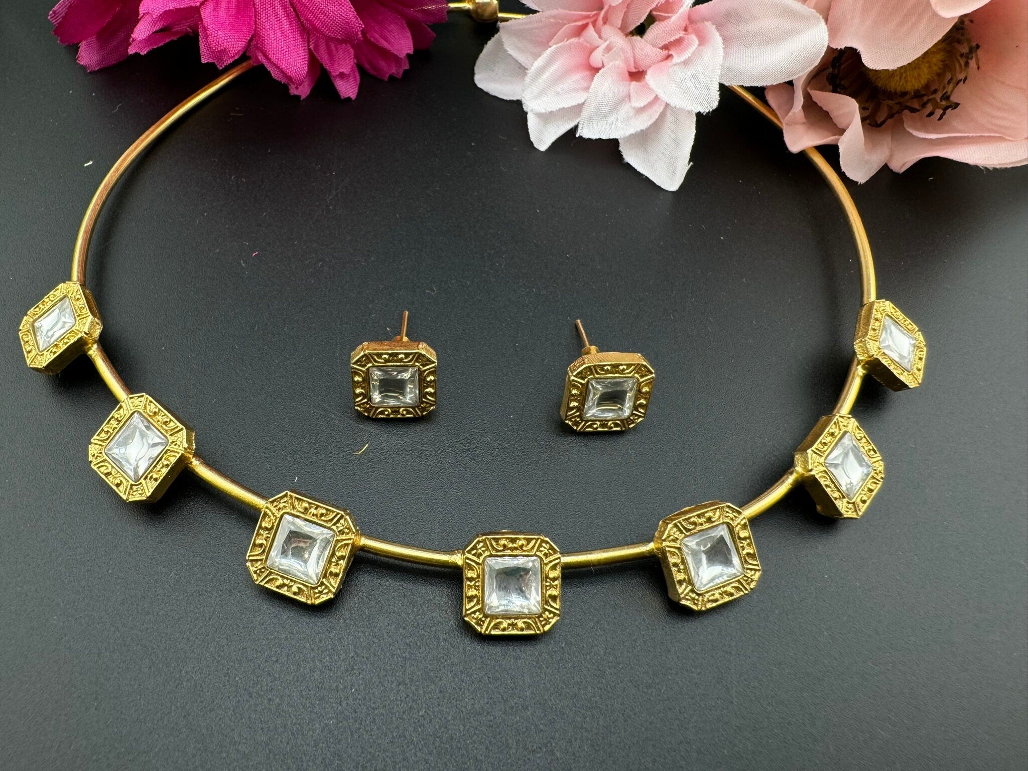 Premium Quality Moissanite Kundan Matt Gold Hasli Necklace with studs earring/Indian jewelry/Sleek Necklace set/Bridesmaids gift/western set