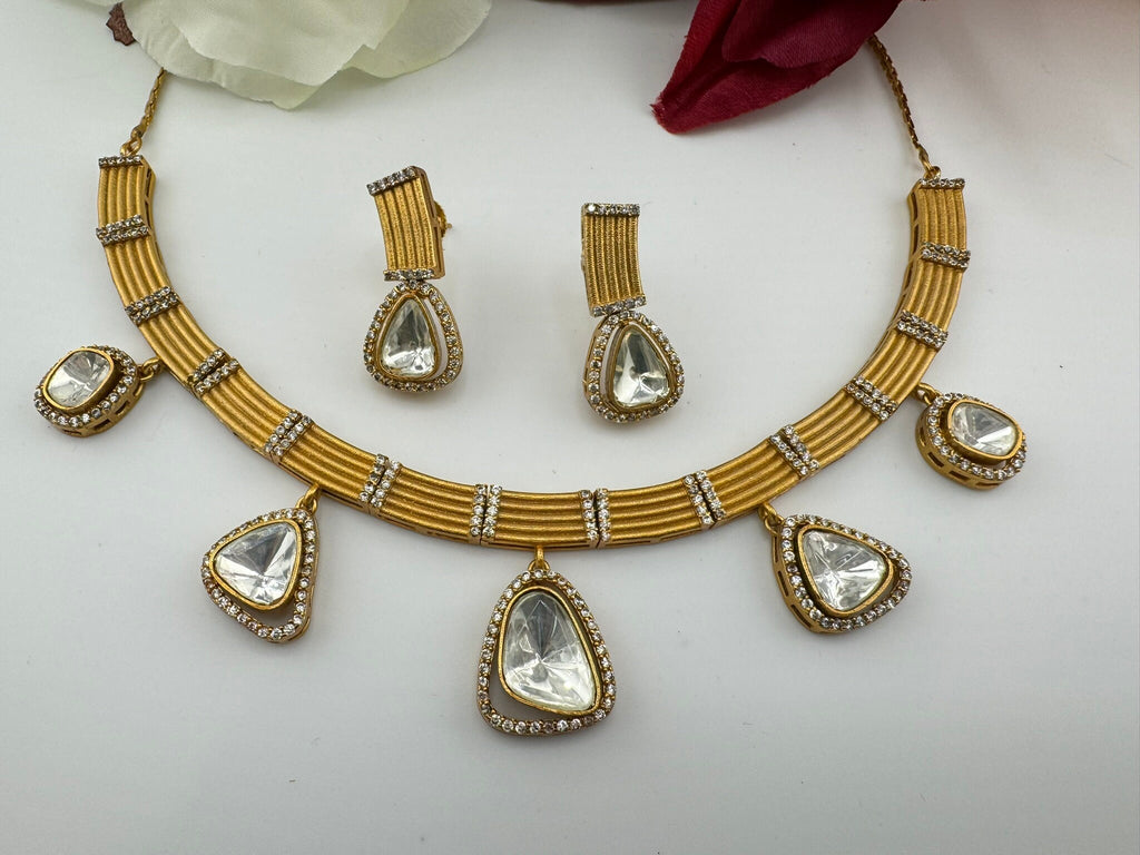 Premium Quality Moissanite Kundan CZ Matt Gold Flexible Hasli Necklace with studs earring/Indian jewelry/Sleek Necklace set/Bridesmaids gift
