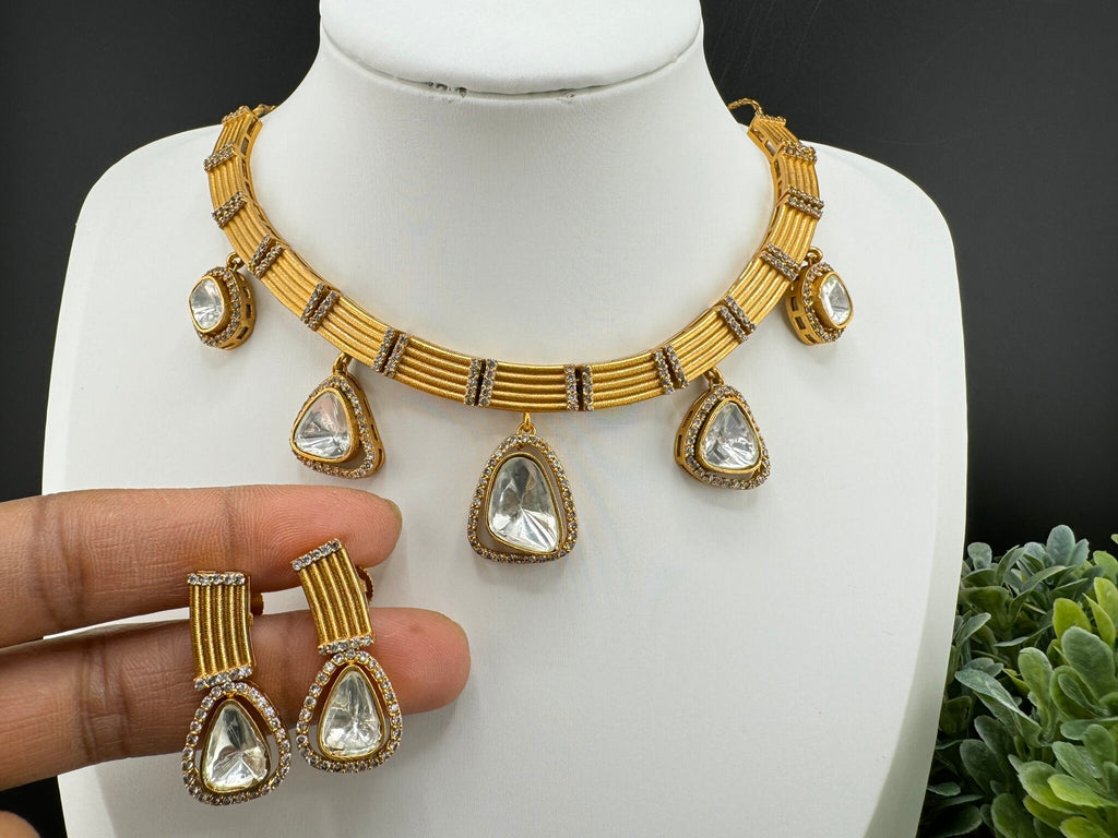 Premium Quality Moissanite Kundan CZ Matt Gold Flexible Hasli Necklace with studs earring/Indian jewelry/Sleek Necklace set/Bridesmaids gift
