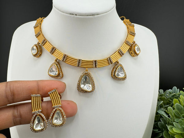 Premium Quality Moissanite Kundan CZ Matt Gold Flexible Hasli Necklace with studs earring/Indian jewelry/Sleek Necklace set/Bridesmaids gift