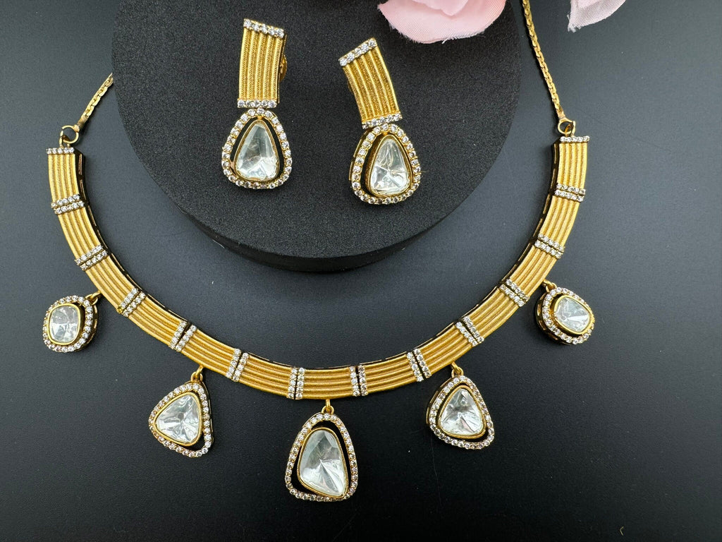 Premium Quality Moissanite Kundan CZ Matt Gold Flexible Hasli Necklace with studs earring/Indian jewelry/Sleek Necklace set/Bridesmaids gift