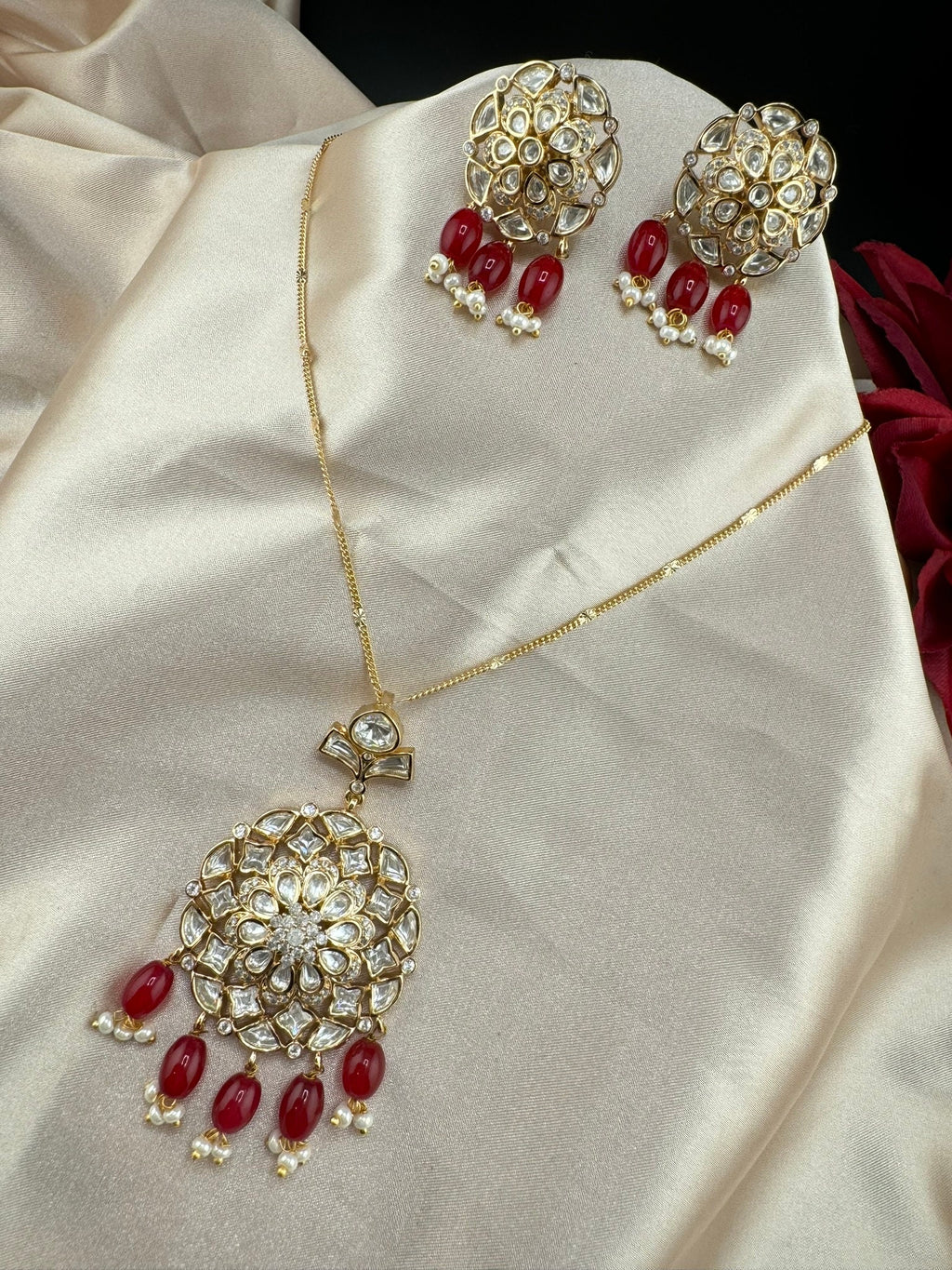 Tyaani Inspired Premium quality moissanite Kundan, CZ pendant set with chain/Indian jewelry/silver foil back/Premium Kundan/Bridesmaids gift