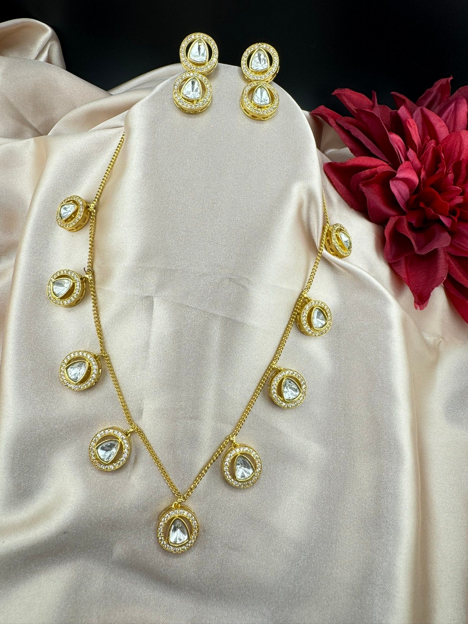 Premium Qlty Uncut moissanite Kundan, CZ Charms Sleek Necklace with earrings/Indian jewelry/silver foil back/Premium Kundan/Bridesmaids gift