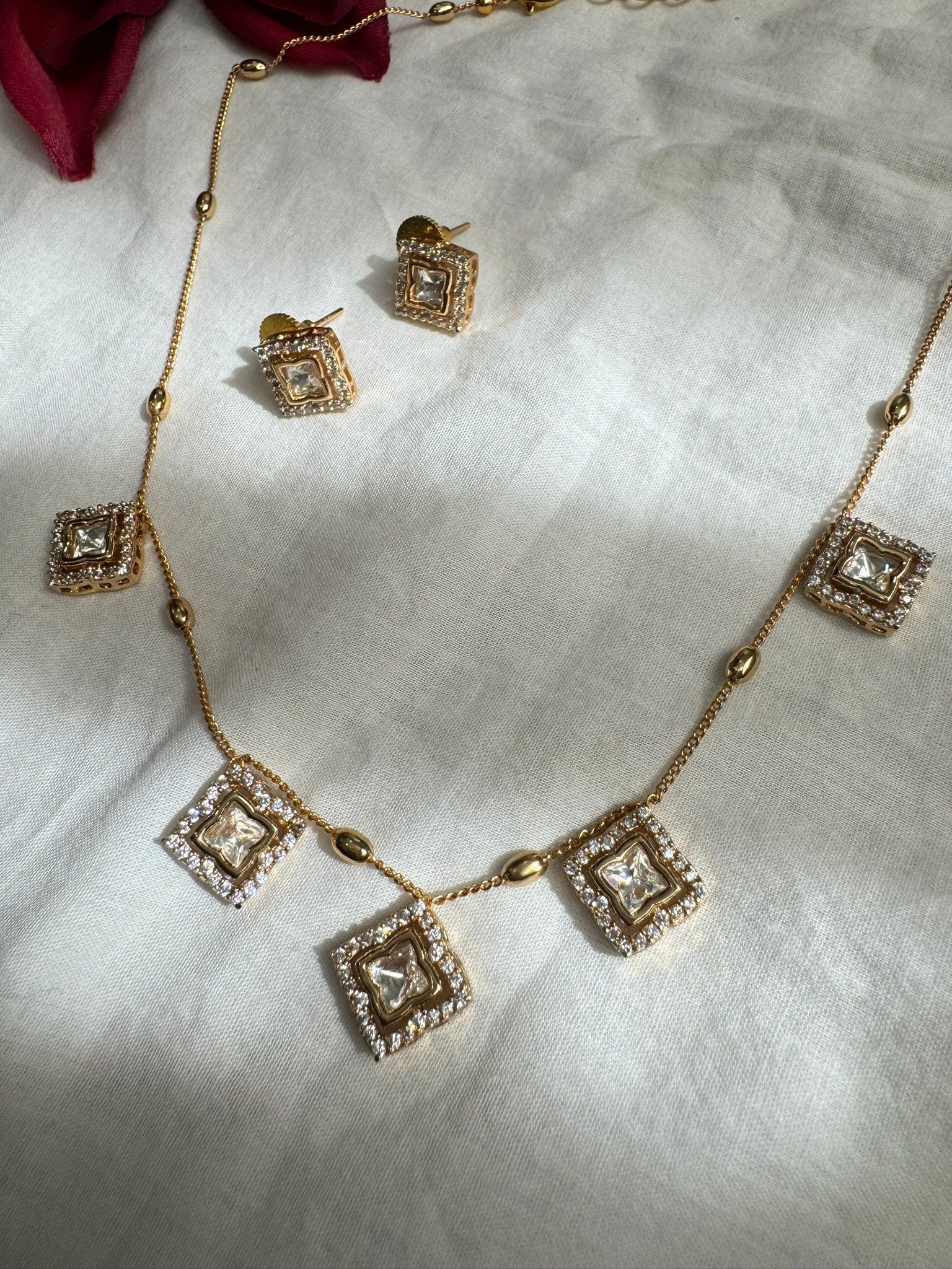 Premium Qlty Tyaani inspired moissanite Kundan, CZ Charms Necklace with studs/Indian jewelry/silver foil back/Premium Kundan/Bridesmaid gift