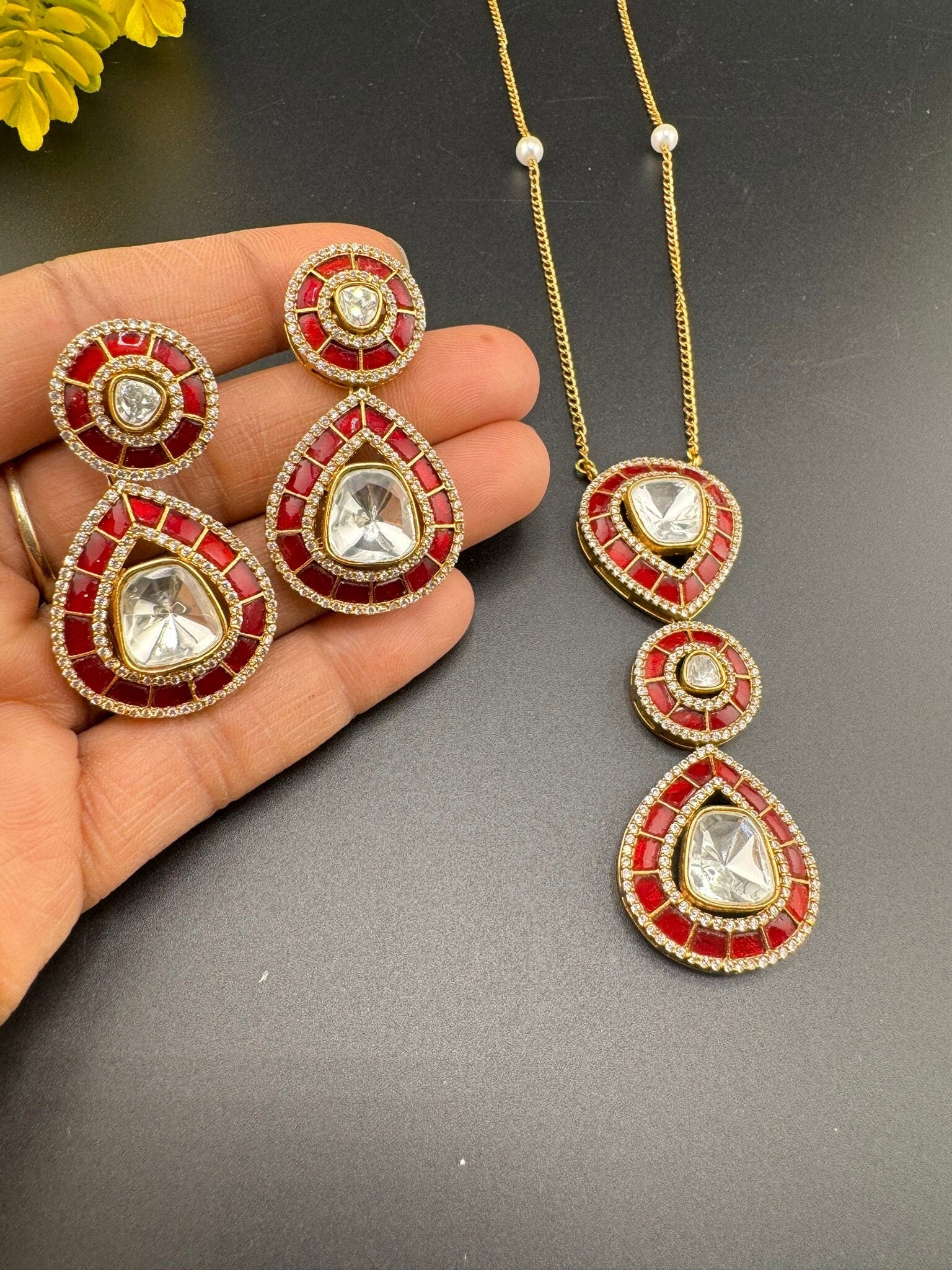 Premium Uncut moissanite and Pachi Kundan, CZ with long earrings is a Designer pendant set/Indian jewelry/Premium Kundan/Bridesmaid gift