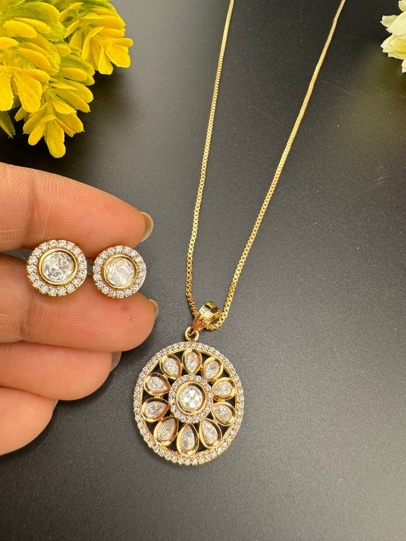 Tyaani Inspired Premium moissanite Kundan, CZ Sleek pendant set with studs/Indian jewelry/silver foil back/Premium Kundan/Bridesmaids gift