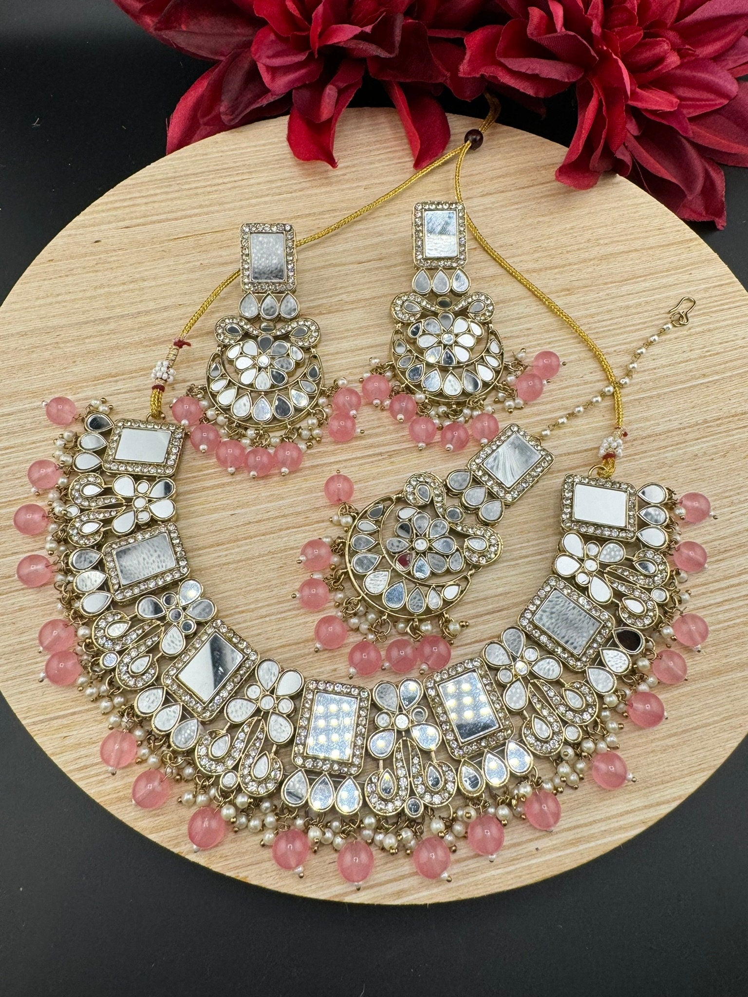 Mirror and pink pearls Necklace set with long earring and Tika/Indian jewelry/Mirror set/Bridesmaids gift/Bridal necklace set with Tika