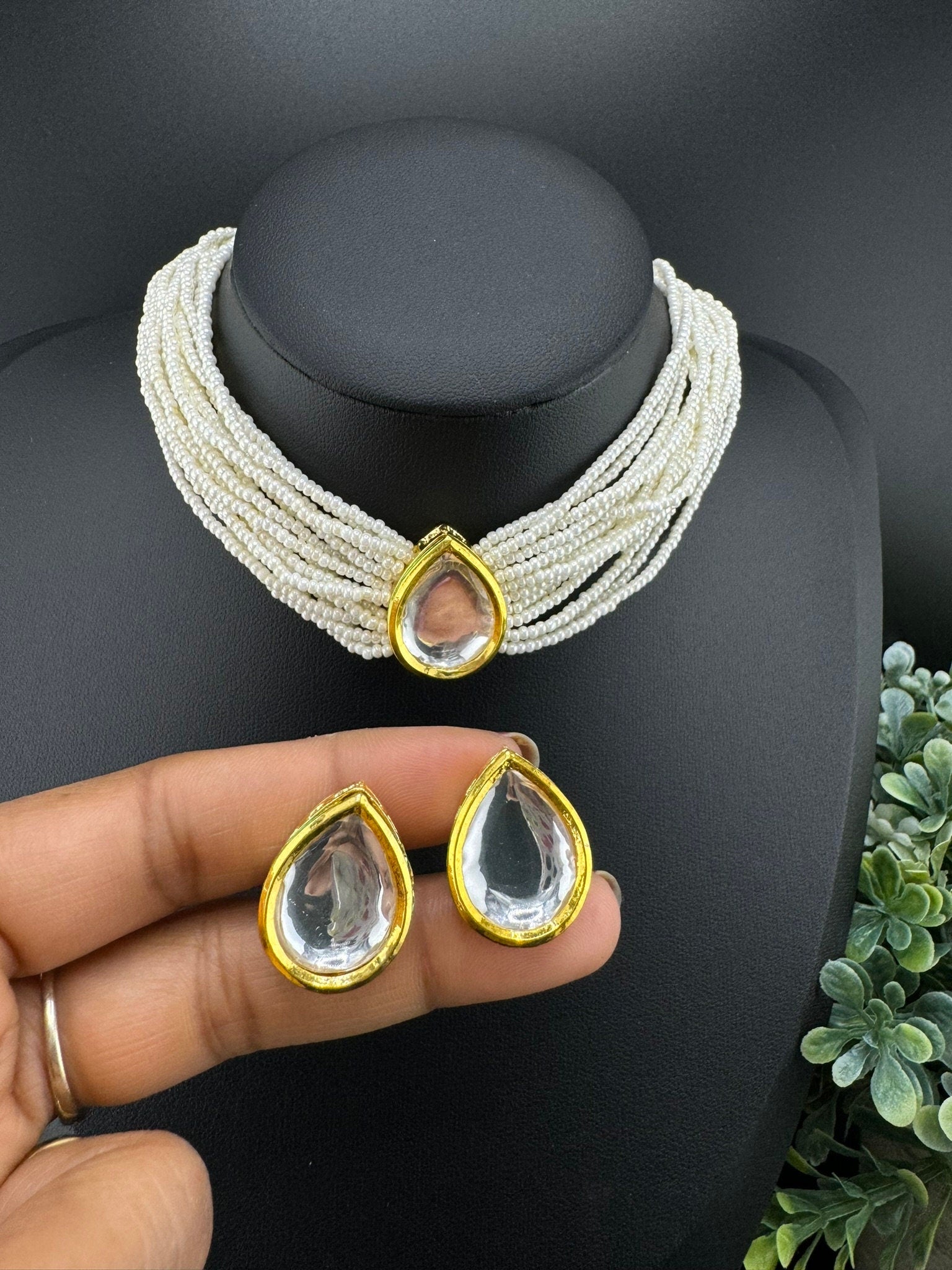 Uncut Kundan in small pearls Necklace set with studs earring with Dori/Indian jewelry/Minakari back/Kundan set/Bridesmaids gift/Indo Western