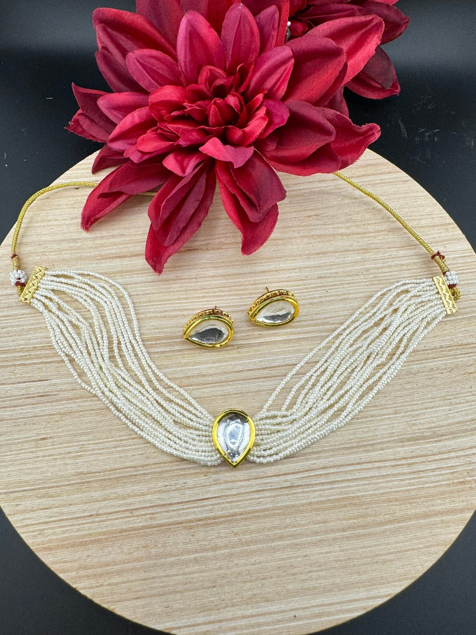 Uncut Kundan in small pearls Necklace set with studs earring with Dori/Indian jewelry/Minakari back/Kundan set/Bridesmaids gift/Indo Western