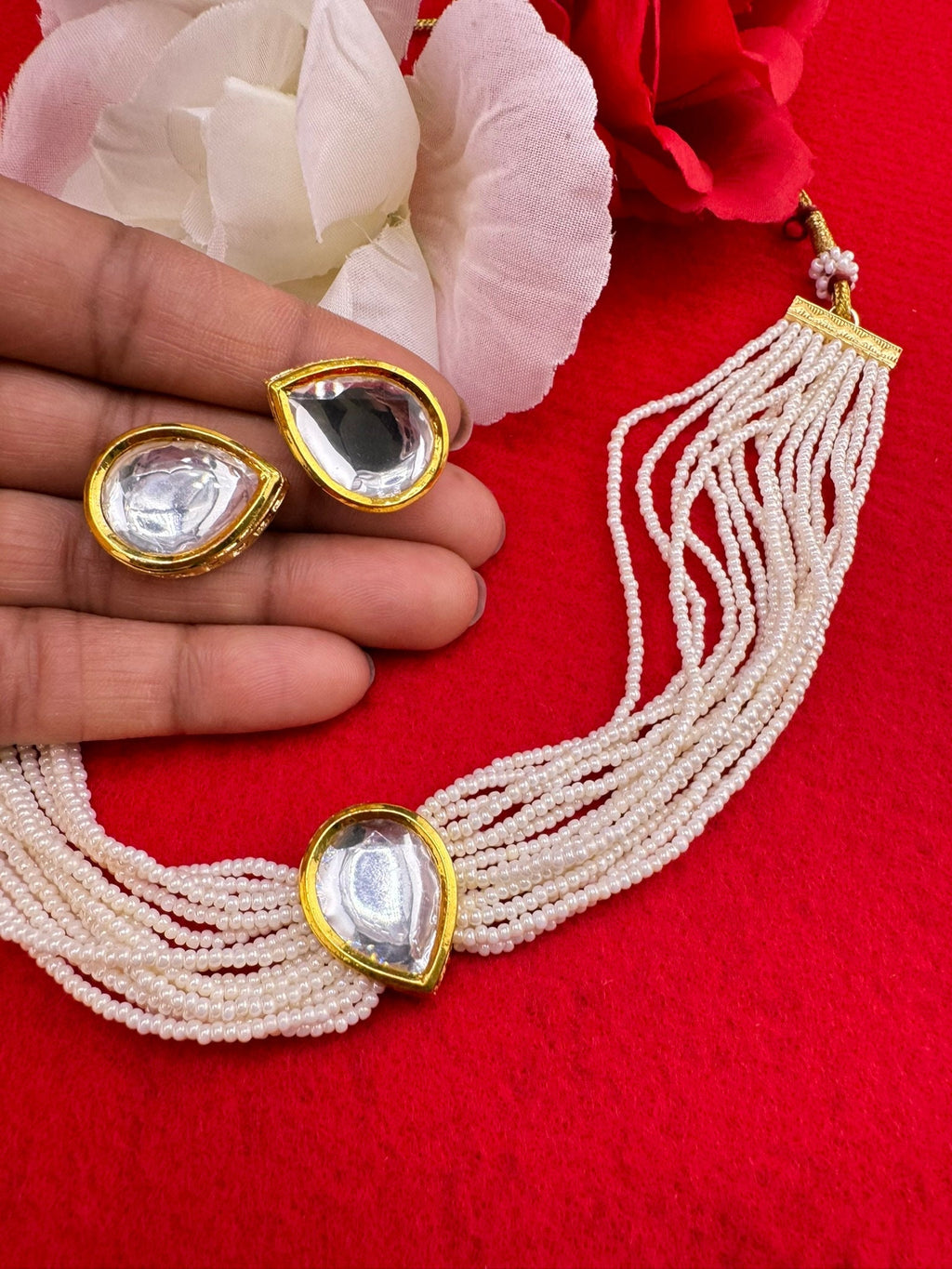 Uncut Kundan in small pearls Necklace set with studs earring with Dori/Indian jewelry/Minakari back/Kundan set/Bridesmaids gift/Indo Western