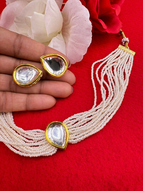 Uncut Kundan in small pearls Necklace set with studs earring with Dori/Indian jewelry/Minakari back/Kundan set/Bridesmaids gift/Indo Western