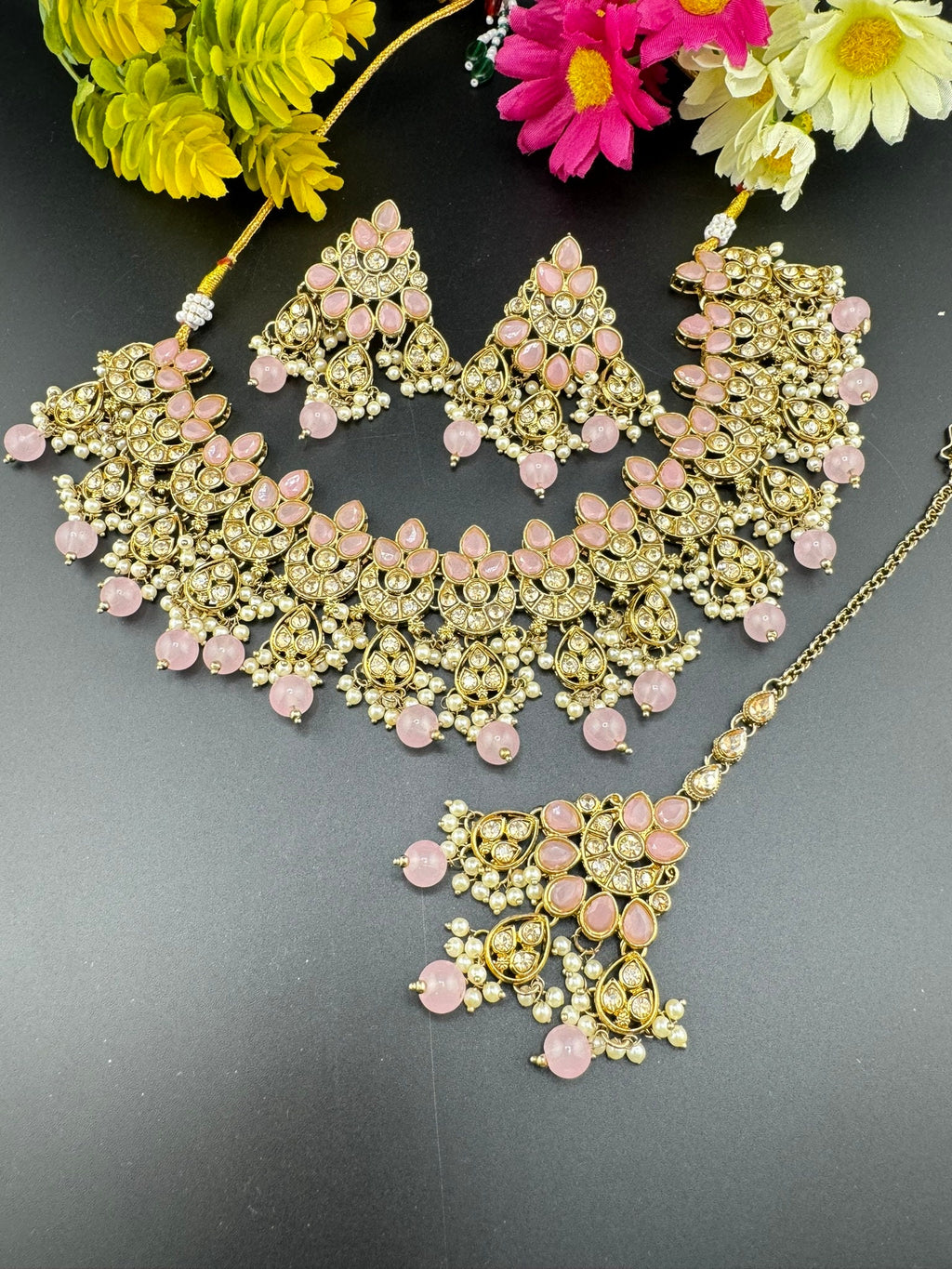 Polki Pink Necklace set with long earring and Tika/ semi-bridal set with Tika