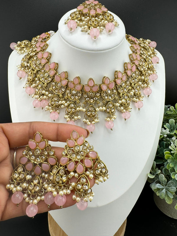 Polki Pink Necklace set with long earring and Tika/ semi-bridal set with Tika