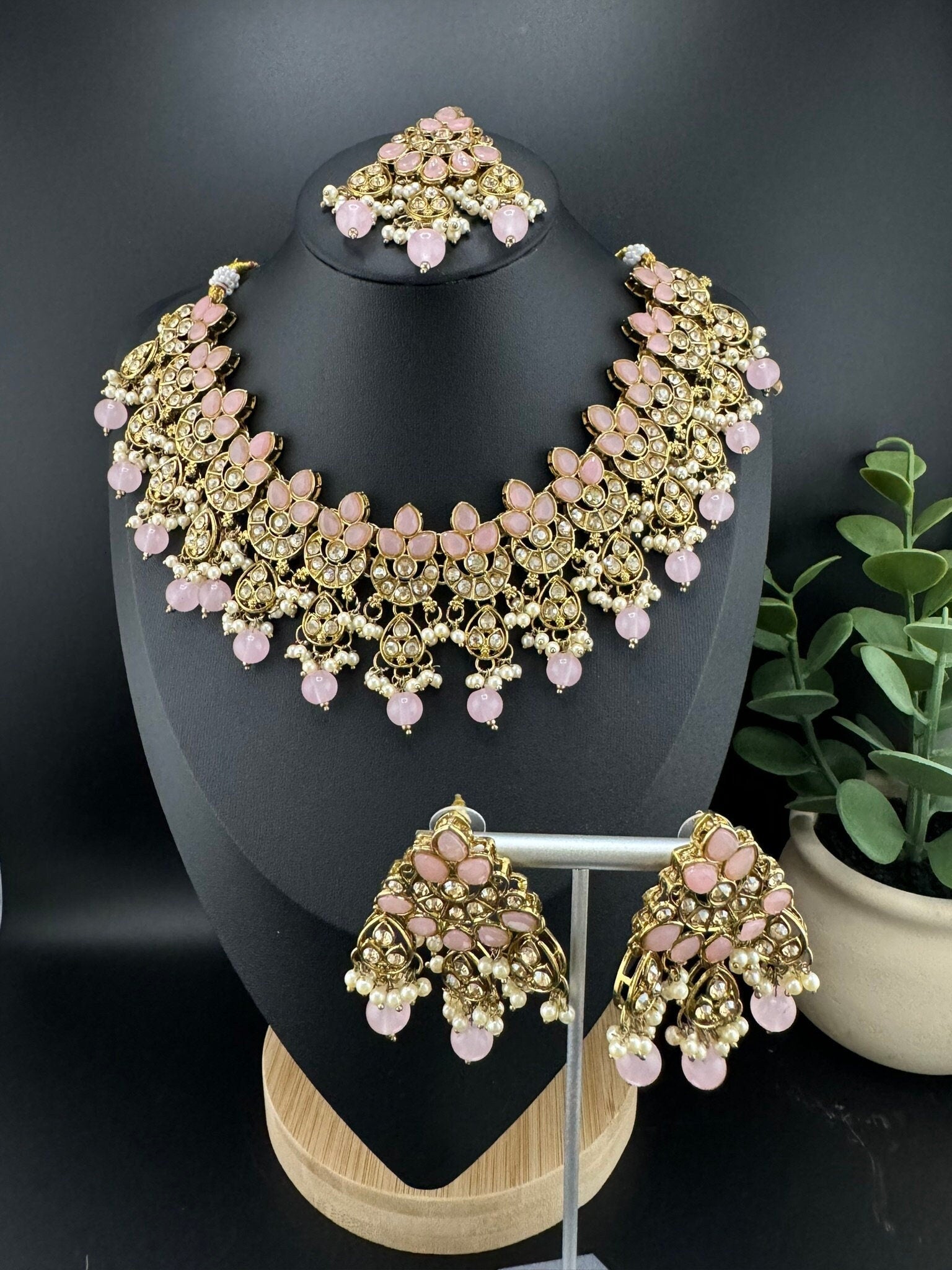 Polki Pink Necklace set with long earring and Tika/ semi-bridal set with Tika