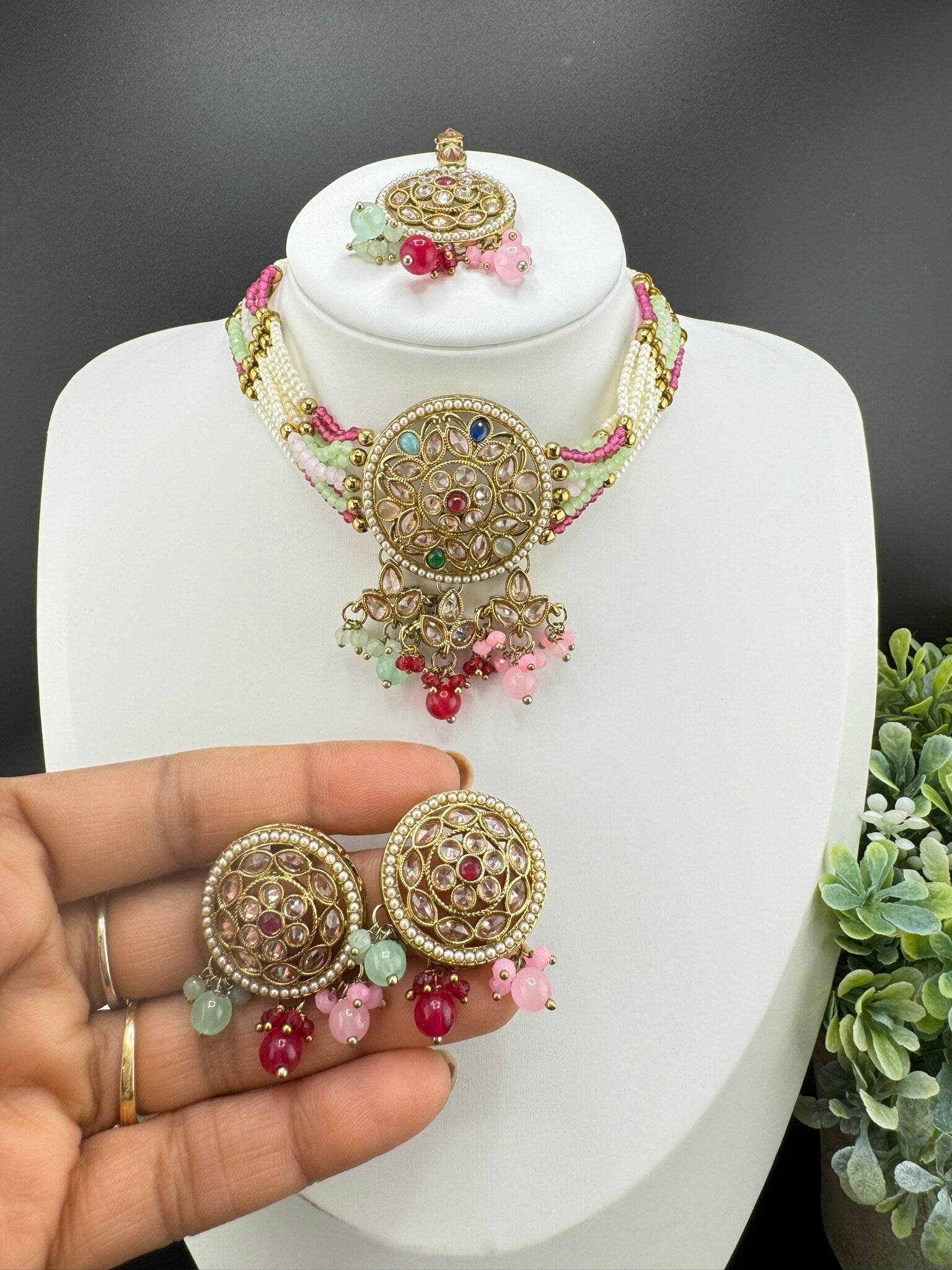 Premium Pastel color Reverse AD Mehndi Polish choker Necklace set with stud earring and Tika/Indian jewelry/Bridesmaids gift/semi-bridal