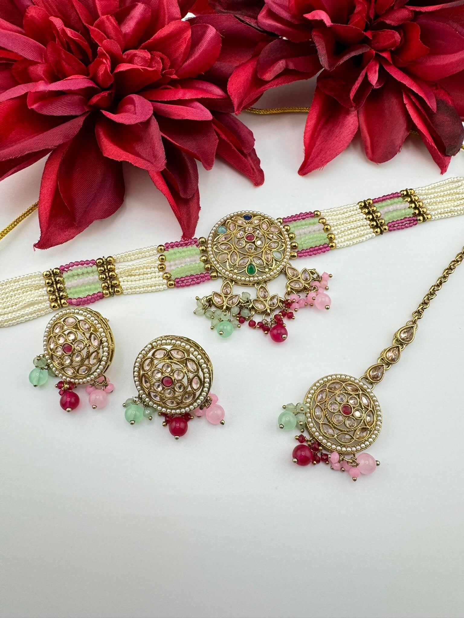 Premium Pastel color Reverse AD Mehndi Polish choker Necklace set with stud earring and Tika/Indian jewelry/Bridesmaids gift/semi-bridal