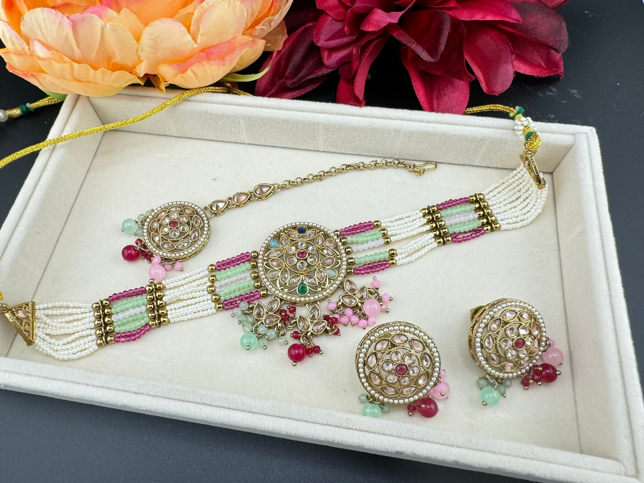 Premium Pastel color Reverse AD Mehndi Polish choker Necklace set with stud earring and Tika/Indian jewelry/Bridesmaids gift/semi-bridal