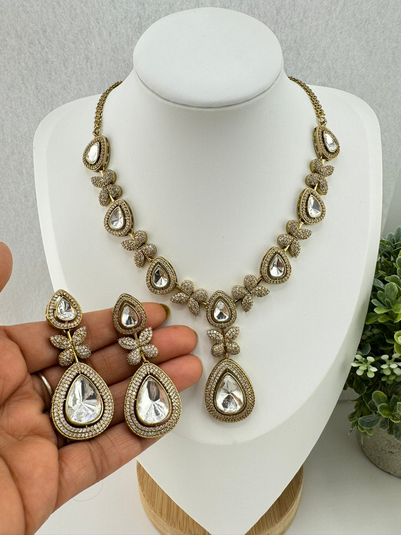 Premium Victorian Long Necklace set with long earrings with Moissanite Kundan and Cubic Zirconia