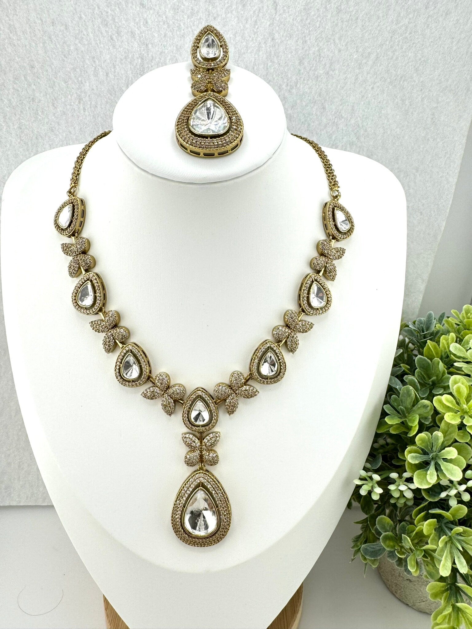 Premium Victorian Long Necklace set with long earrings with Moissanite Kundan and Cubic Zirconia