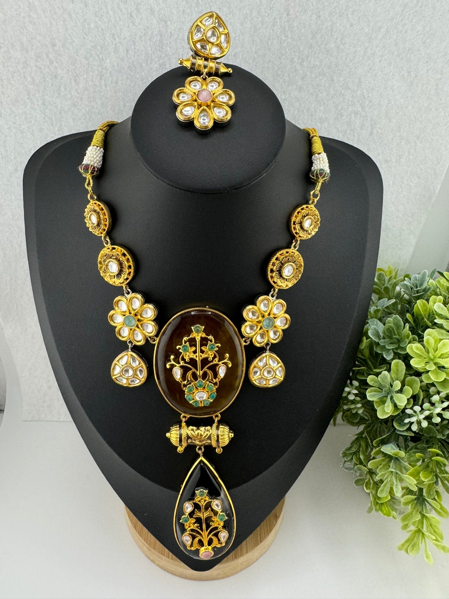 Amrapali Inspired Premium Necklace set, fusion Inlay work with Moissanite Kundan and natural stones