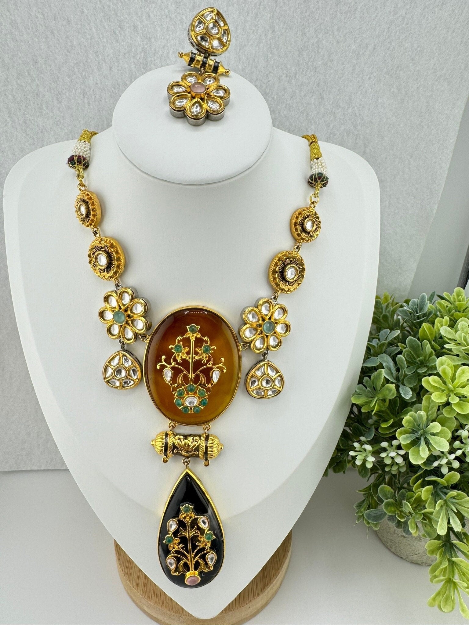 Amrapali Inspired Premium Necklace set, fusion Inlay work with Moissanite Kundan and natural stones
