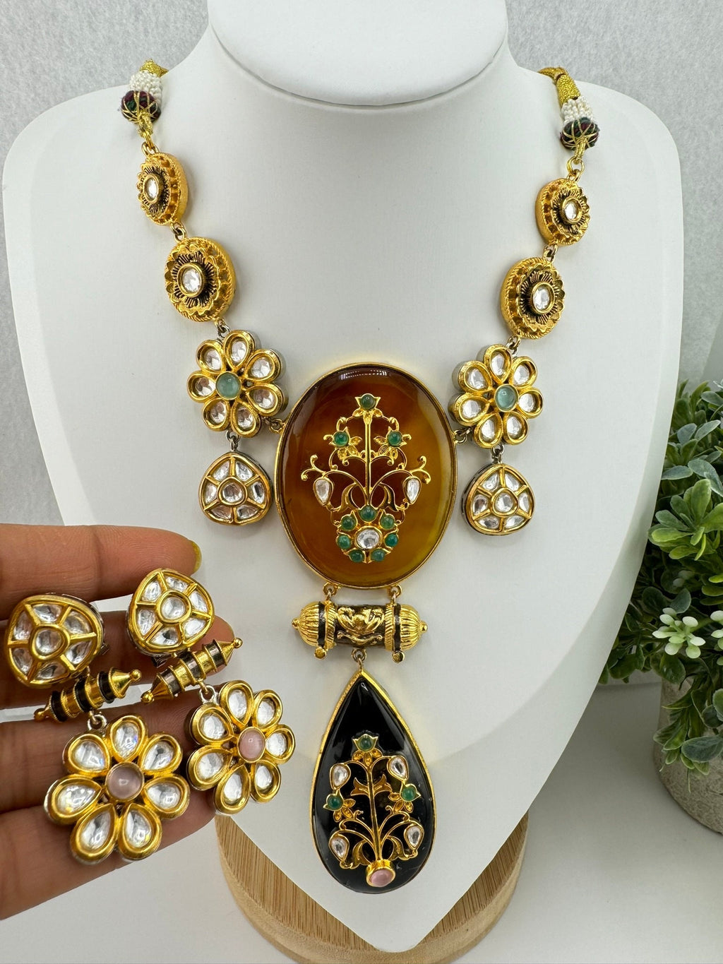 Amrapali Inspired Premium Necklace set, fusion Inlay work with Moissanite Kundan and natural stones