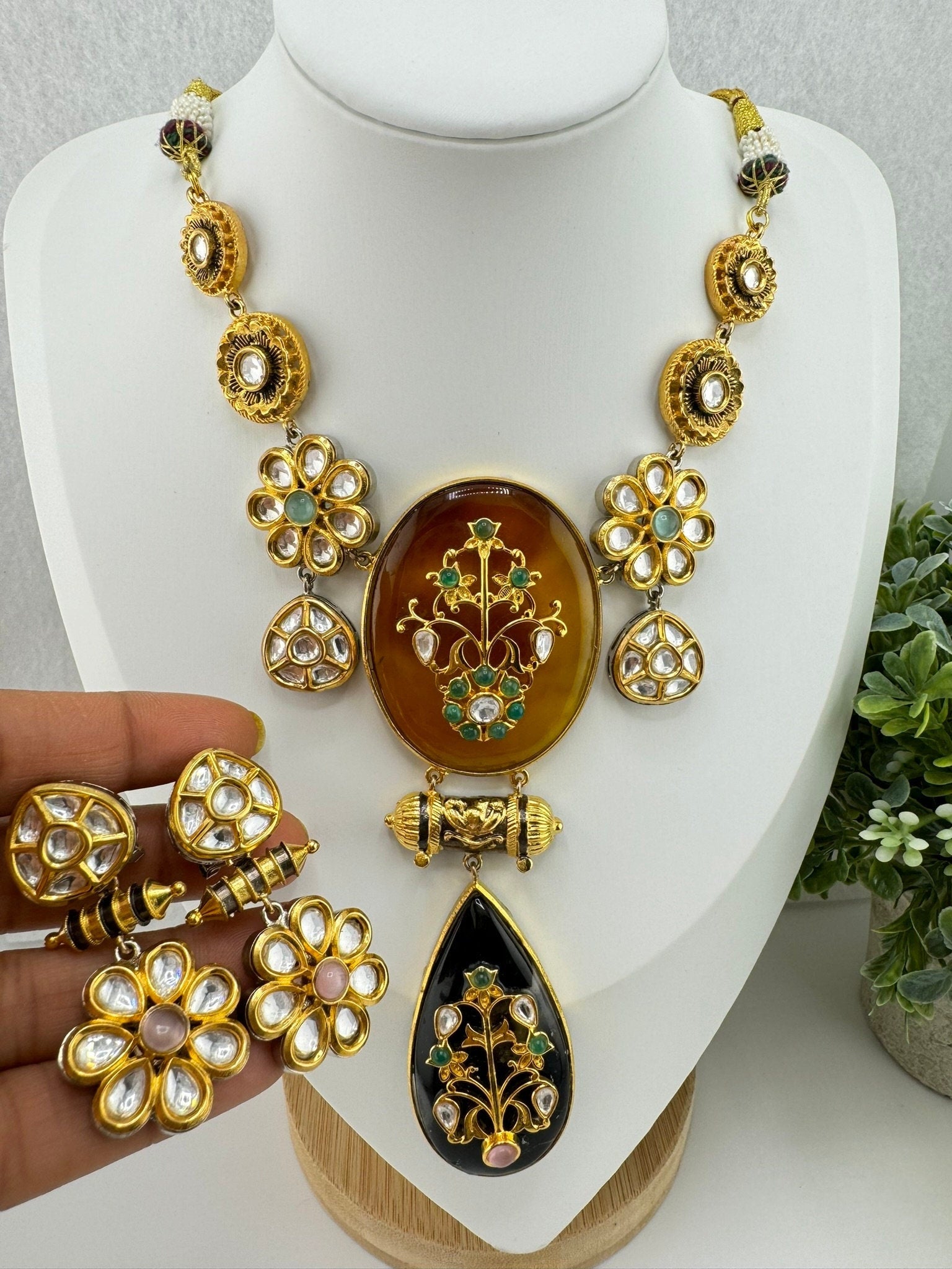 Amrapali Inspired Premium Necklace set, fusion Inlay work with Moissanite Kundan and natural stones