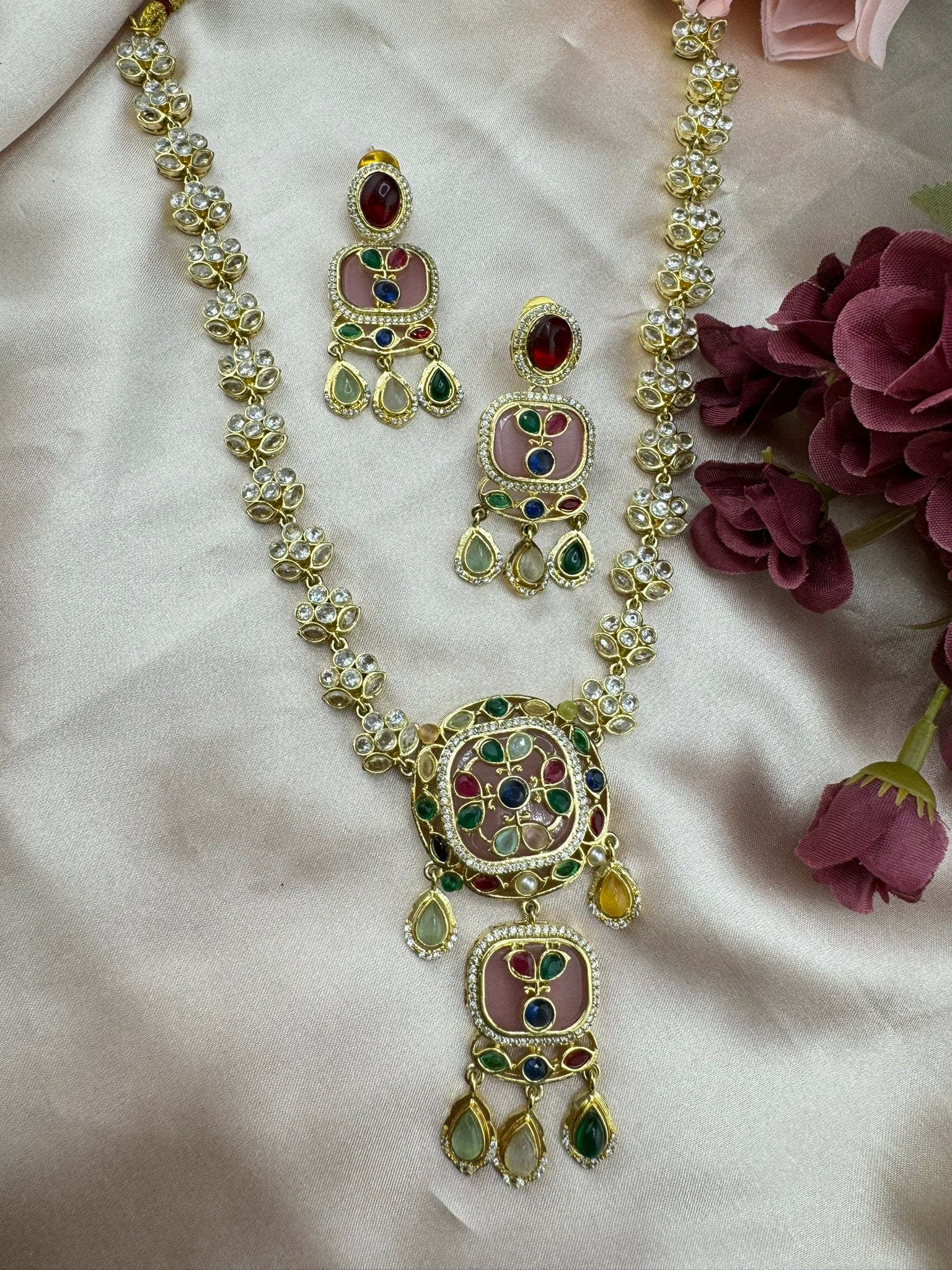 Polki, Premium Moissanite Kundan, CZ, Pink High Polish Long Amrapali inspired Necklace with earrings/Indian jewelry/Bridal necklace/wedding