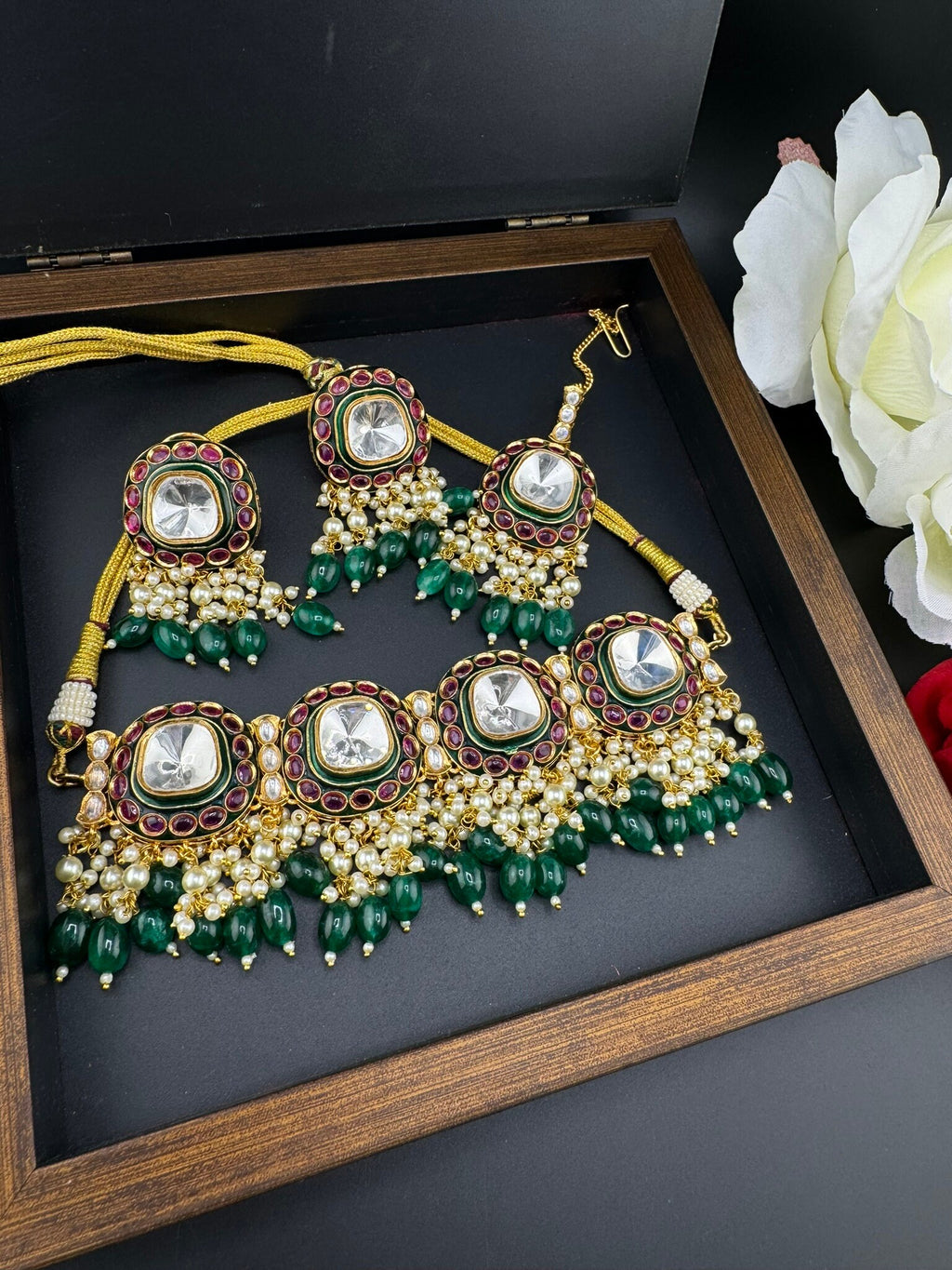 Premium Quality Amrapali fusion Pachi kundan choker Necklace set with earrings and Tika/Moissanite Kundan, natural stones in matt gold/jadau