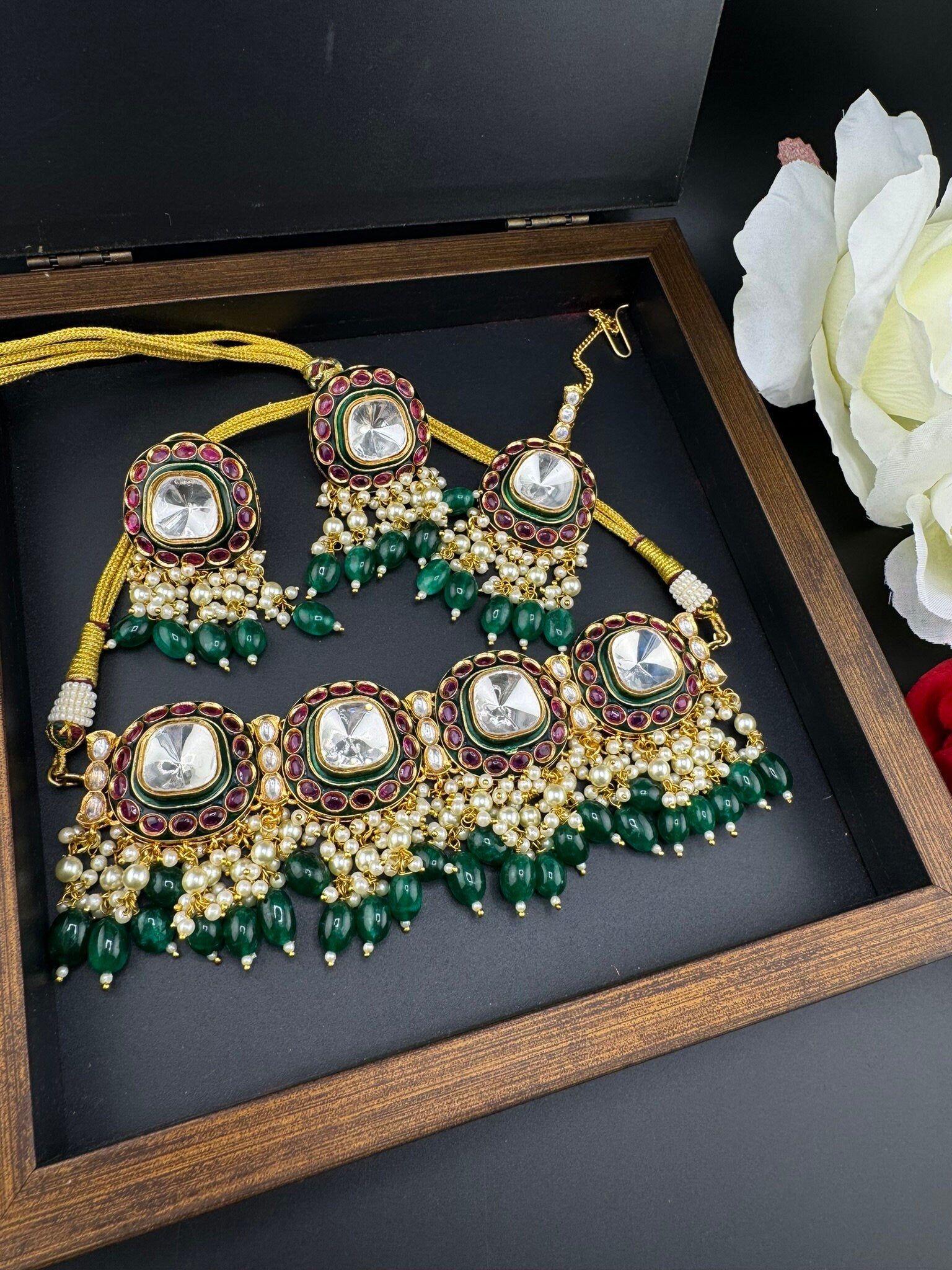 Premium Quality Amrapali fusion Pachi kundan choker Necklace set with earrings and Tika/Moissanite Kundan, natural stones in matt gold/jadau