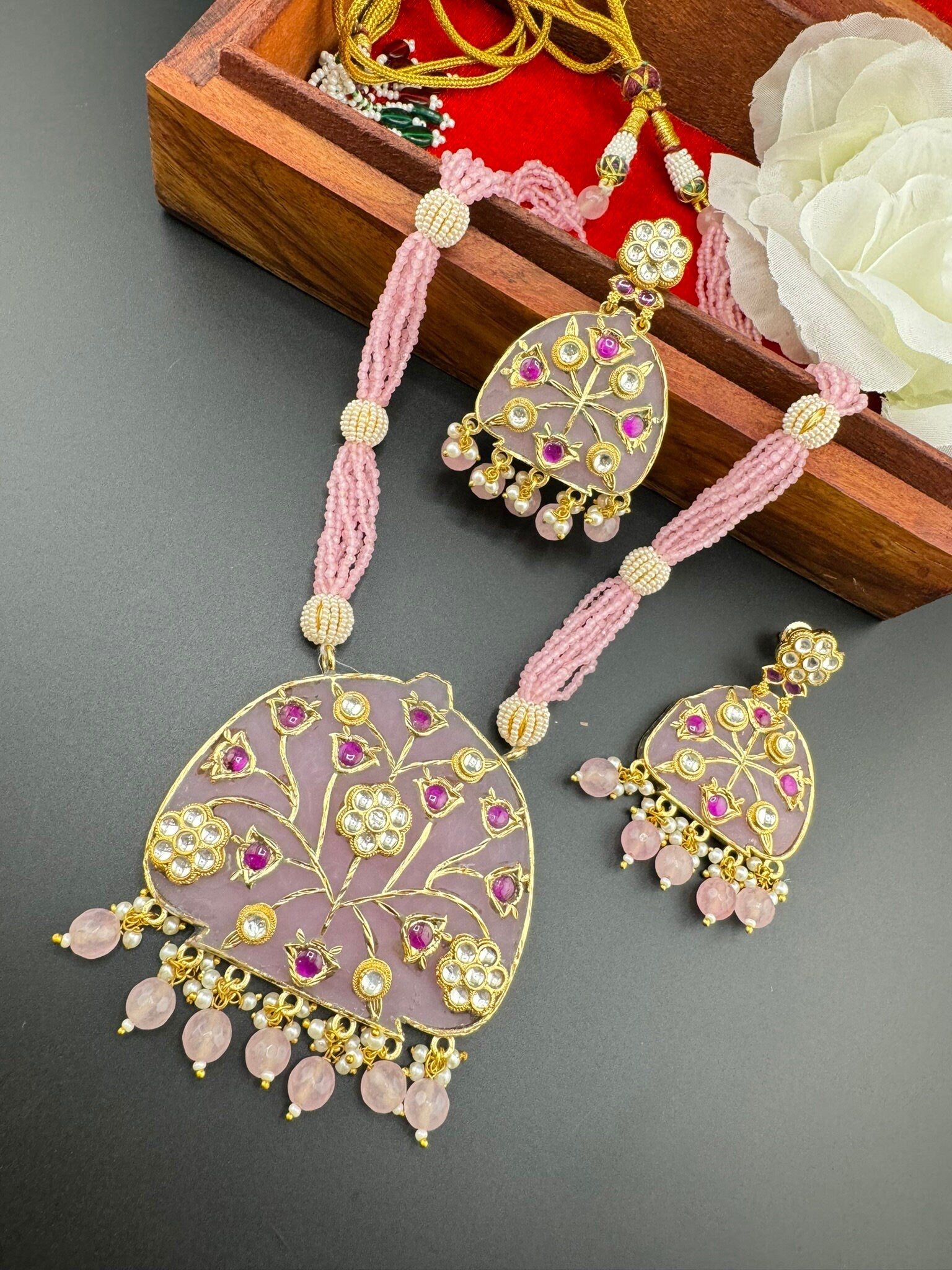 STUNNING!!! Premium Quality Amrapali fusion Inlay work on natural stone Rani Haar/long Necklace set in Moissanite pachi Kundan with earrings