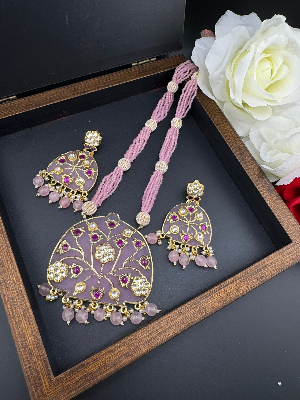 STUNNING!!! Premium Quality Amrapali fusion Inlay work on natural stone Rani Haar/long Necklace set in Moissanite pachi Kundan with earrings