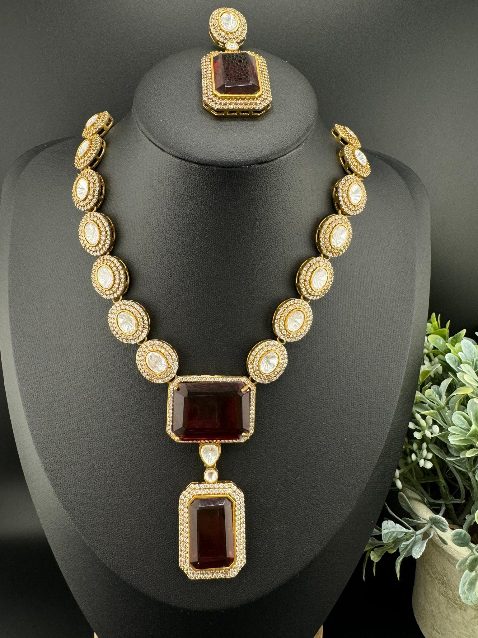 Premium Qlty Uncut moissanite Kundan, Big Maroon/Dark Red glass stone Necklace with earrings/Indian jewelry/silver foil back/Premium Kundan