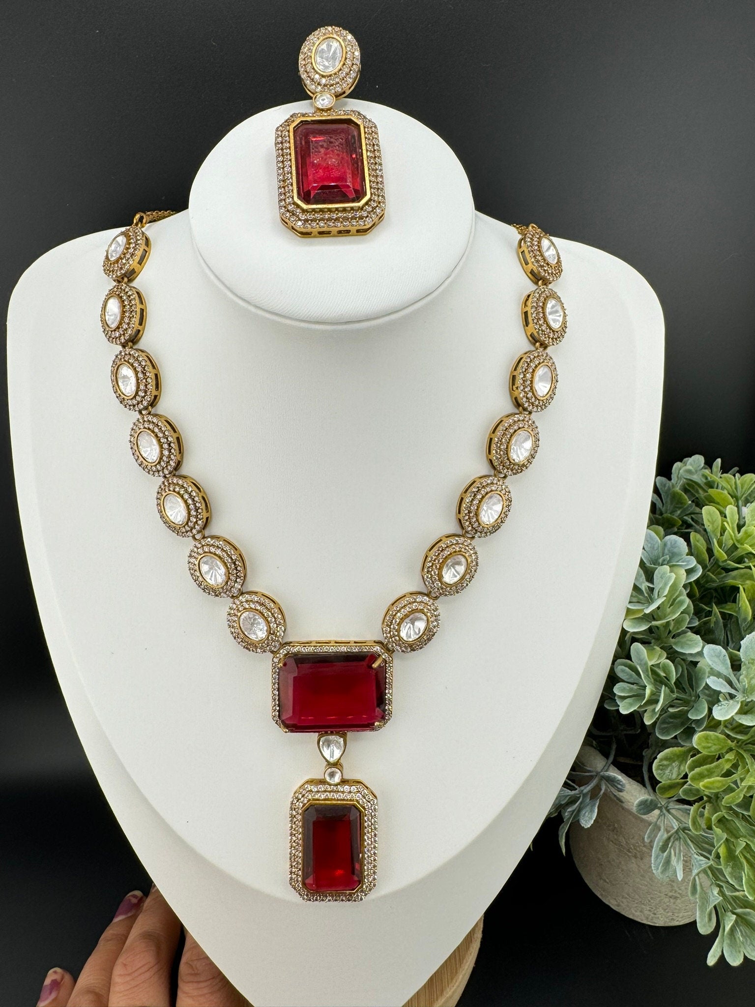 Premium Qlty Uncut moissanite Kundan, Big Maroon/Dark Red glass stone Necklace with earrings/Indian jewelry/silver foil back/Premium Kundan