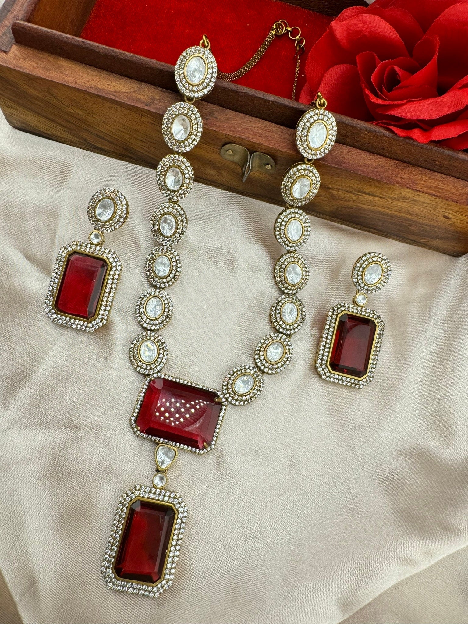 Premium Qlty Uncut moissanite Kundan, Big Maroon/Dark Red glass stone Necklace with earrings/Indian jewelry/silver foil back/Premium Kundan